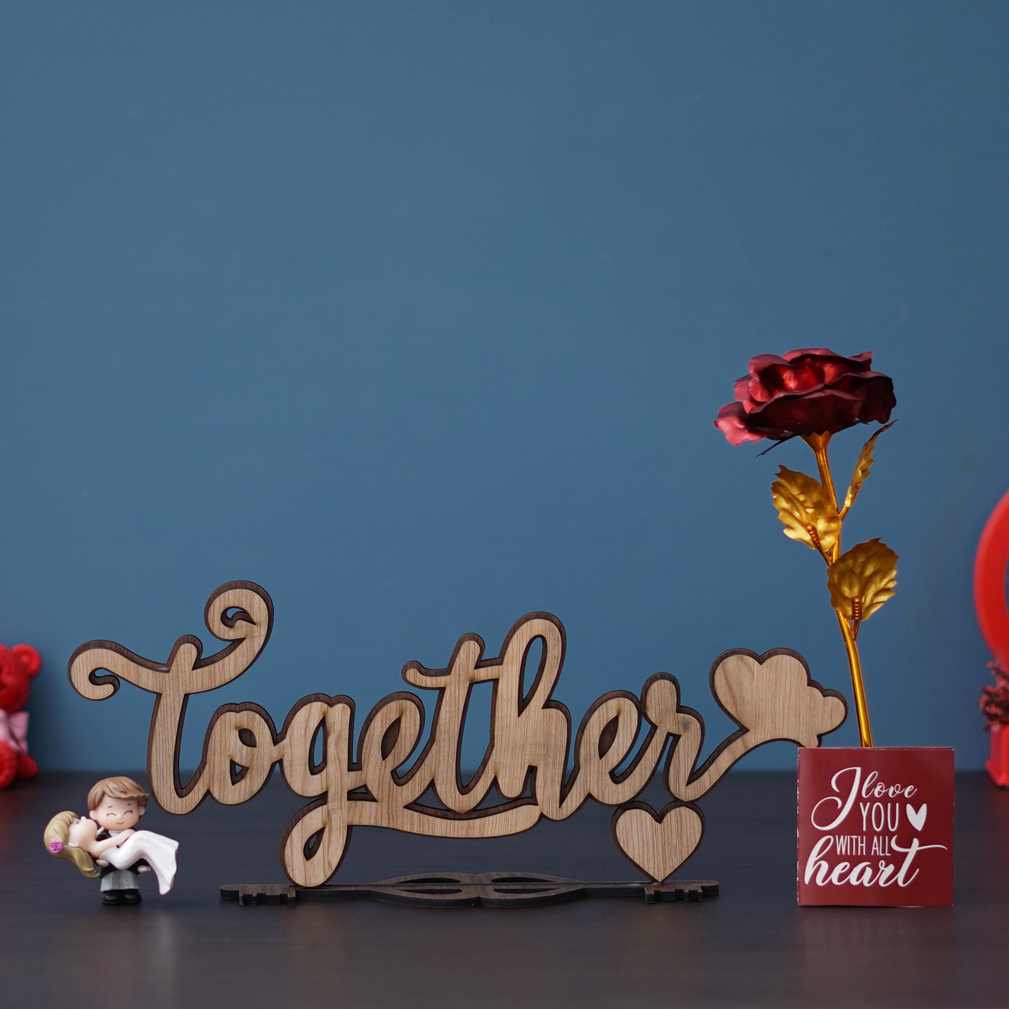 Valentine Combo of Golden Red Rose Gift Set, Heart Couple Kissing Wooden Brown Showpiece With Stand, Bride Kissing Groom Romantic Polyresin Decorative Showpiece