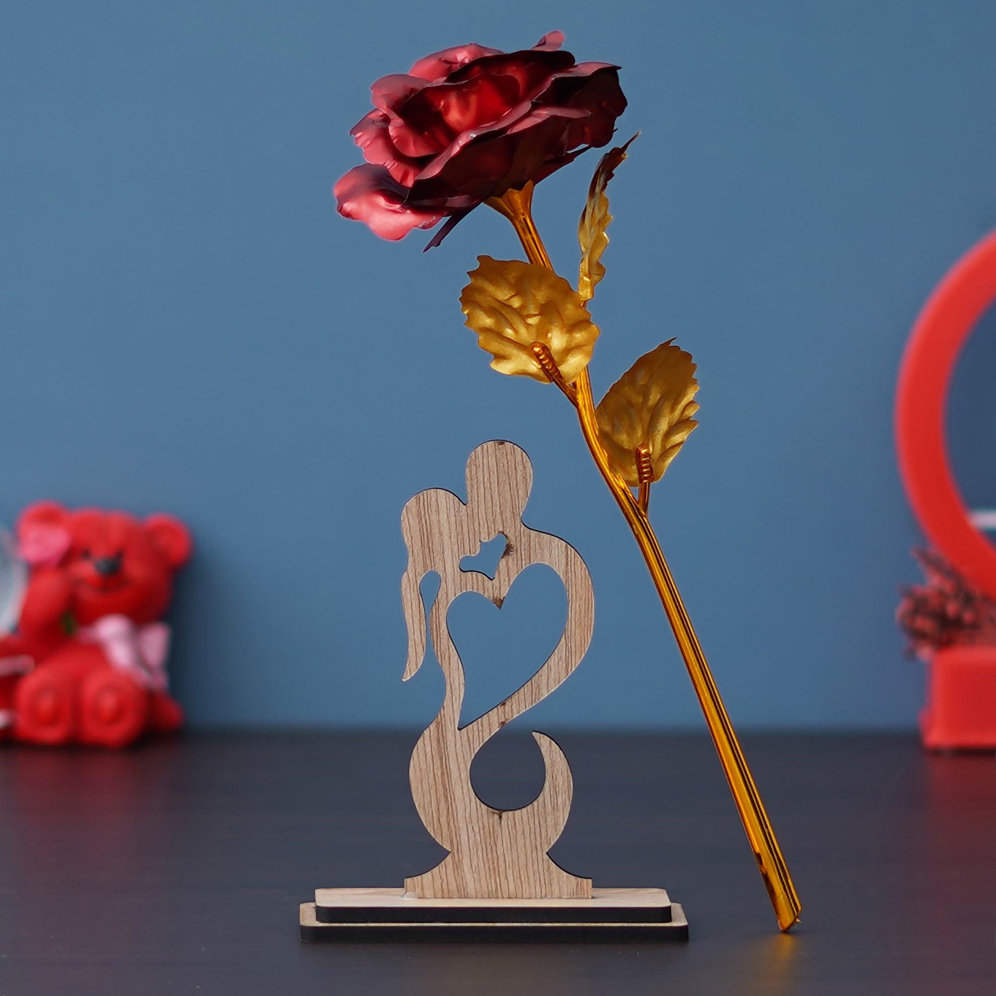 Valentine Combo of Golden Red Rose Gift Set, Heart Couple Kissing Wooden Brown Showpiece With Stand