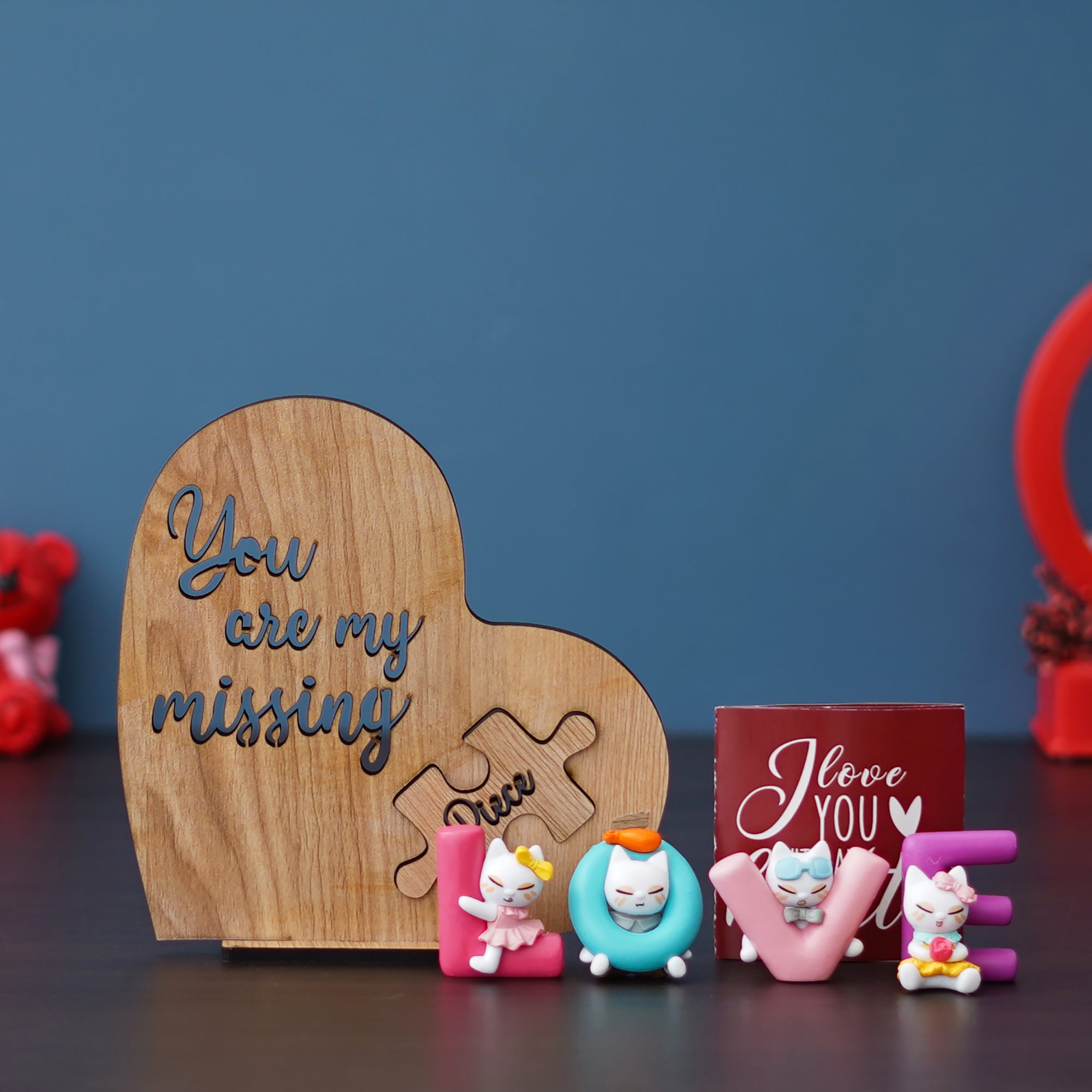 Valentine Combo of Golden Red Rose Gift Set, "You are my missing piece" Wooden Puzzle Brown Showpiece With Stand, "Love" Animated Characters Showpiece