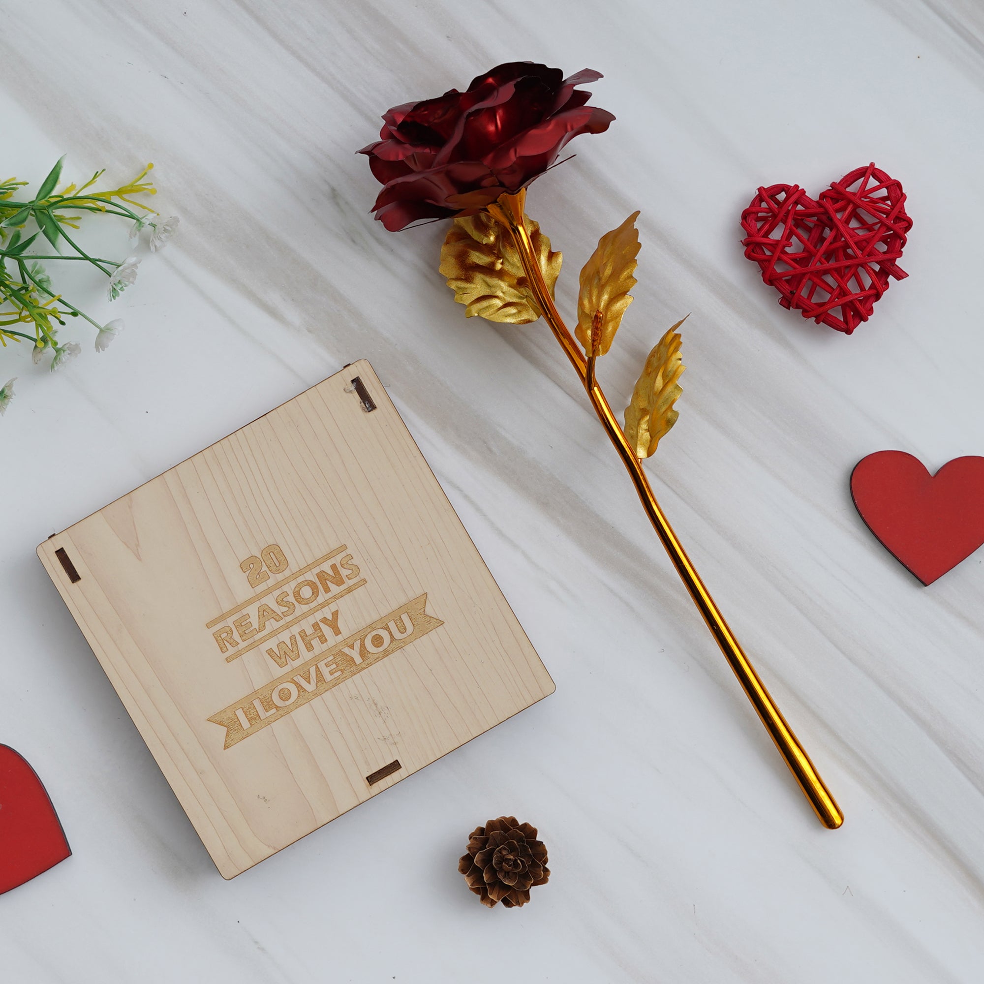 Valentine Combo of Golden Red Rose Gift Set, "20 Reasons Why I Love You" Printed on Little Hearts Wooden Gift Set