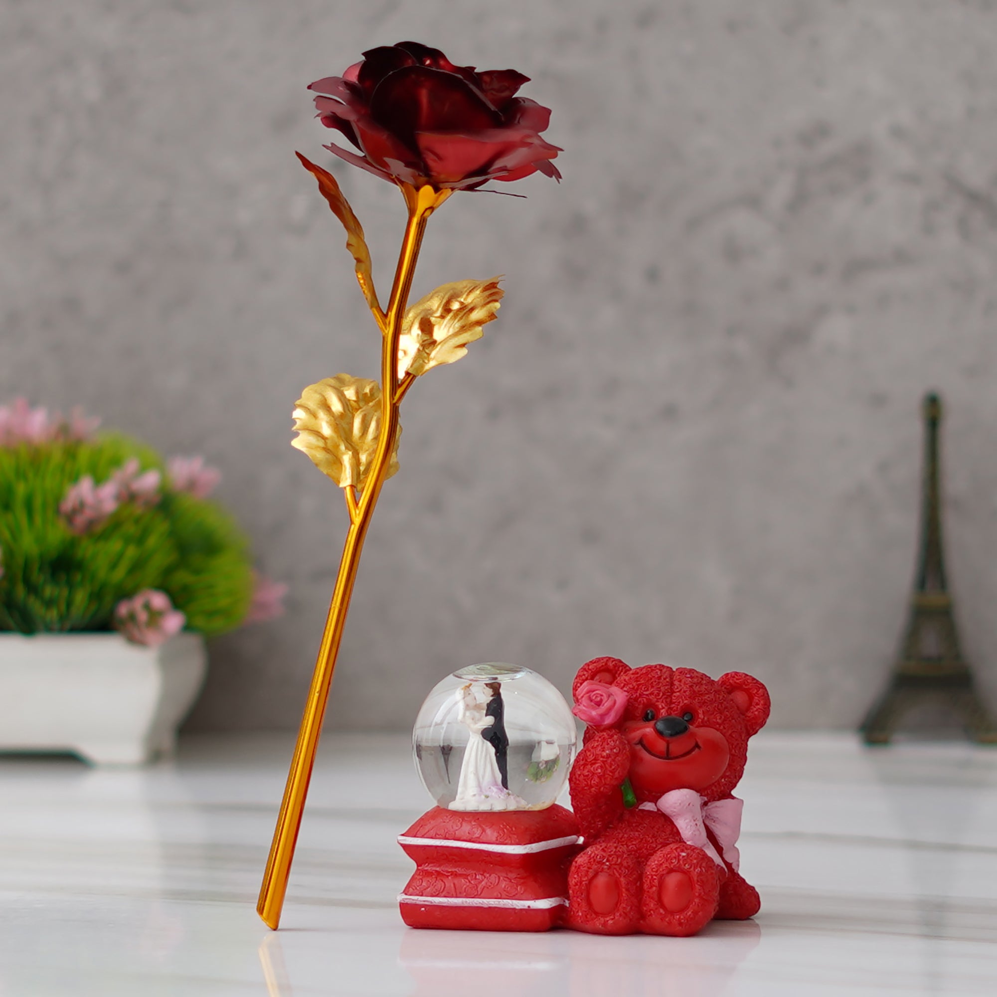 Valentine Combo of Golden Red Rose Gift Set, Red Teddy Bear, Couple Snow Globe with Light