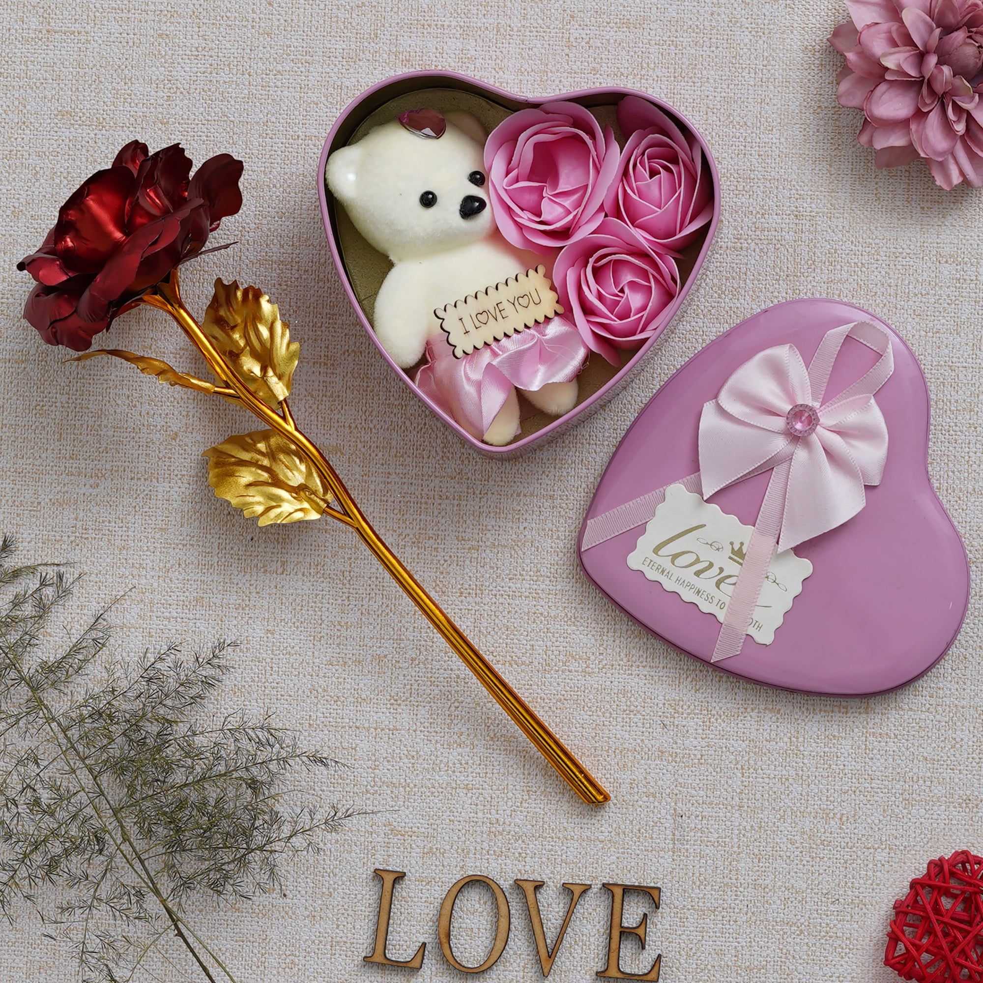 Valentine Combo of Golden Red Rose Gift Set, Pink Heart Shaped Gift Box with Teddy and Roses