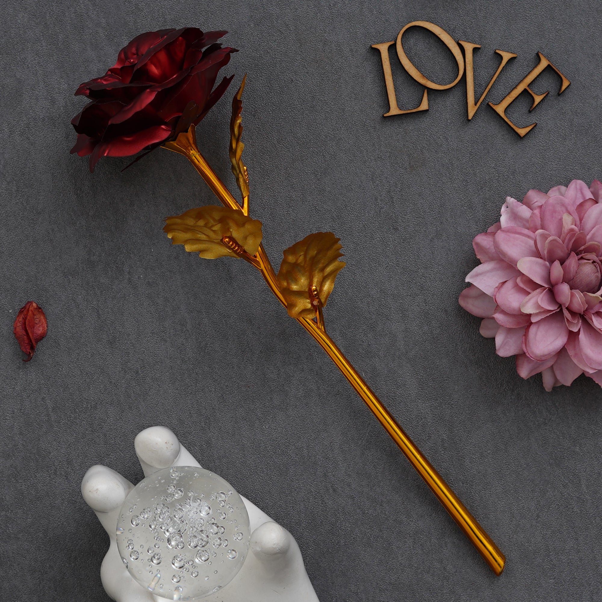 Valentine Combo of Golden Red Rose Gift Set, Heart Couple Kissing Wooden Brown Showpiece With Stand, Bride Kissing Groom Romantic Polyresin Decorative Showpiece 1