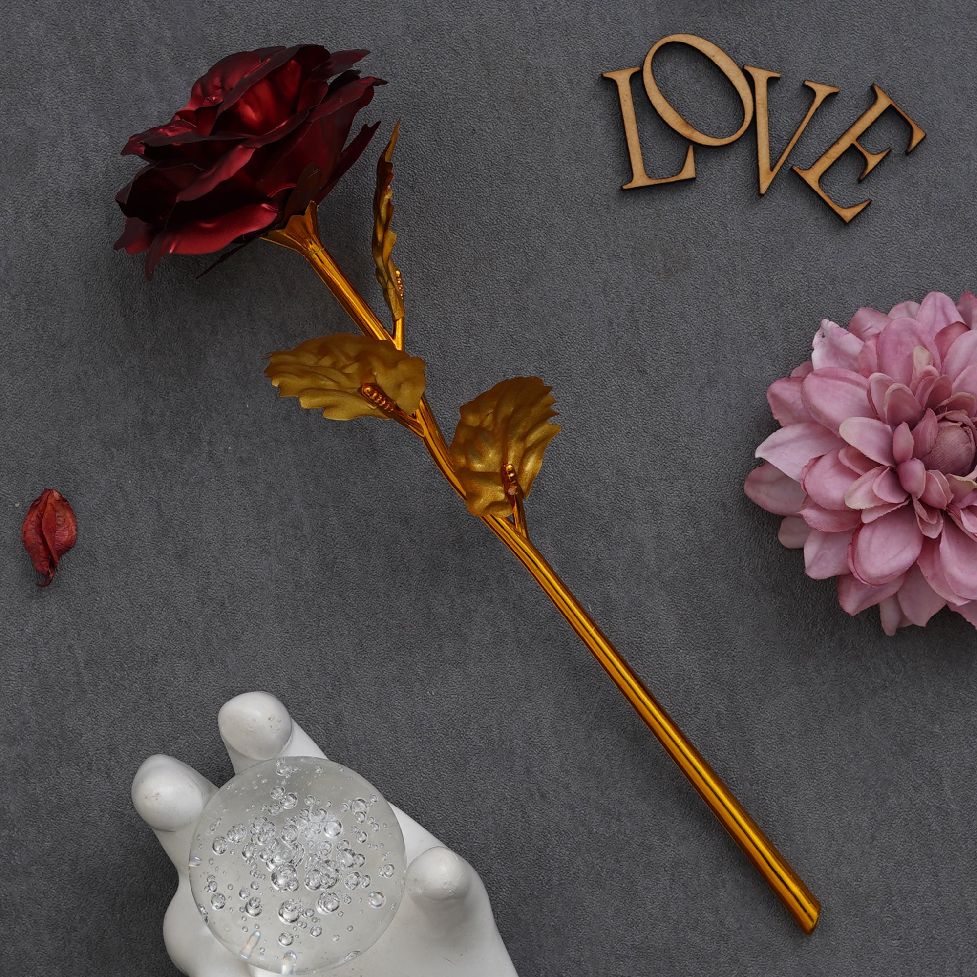 Valentine Combo of Golden Red Rose Gift Set, "Love You" Wooden Showpiece With Stand, Bride Kissing Groom Romantic Polyresin Decorative Showpiece 1