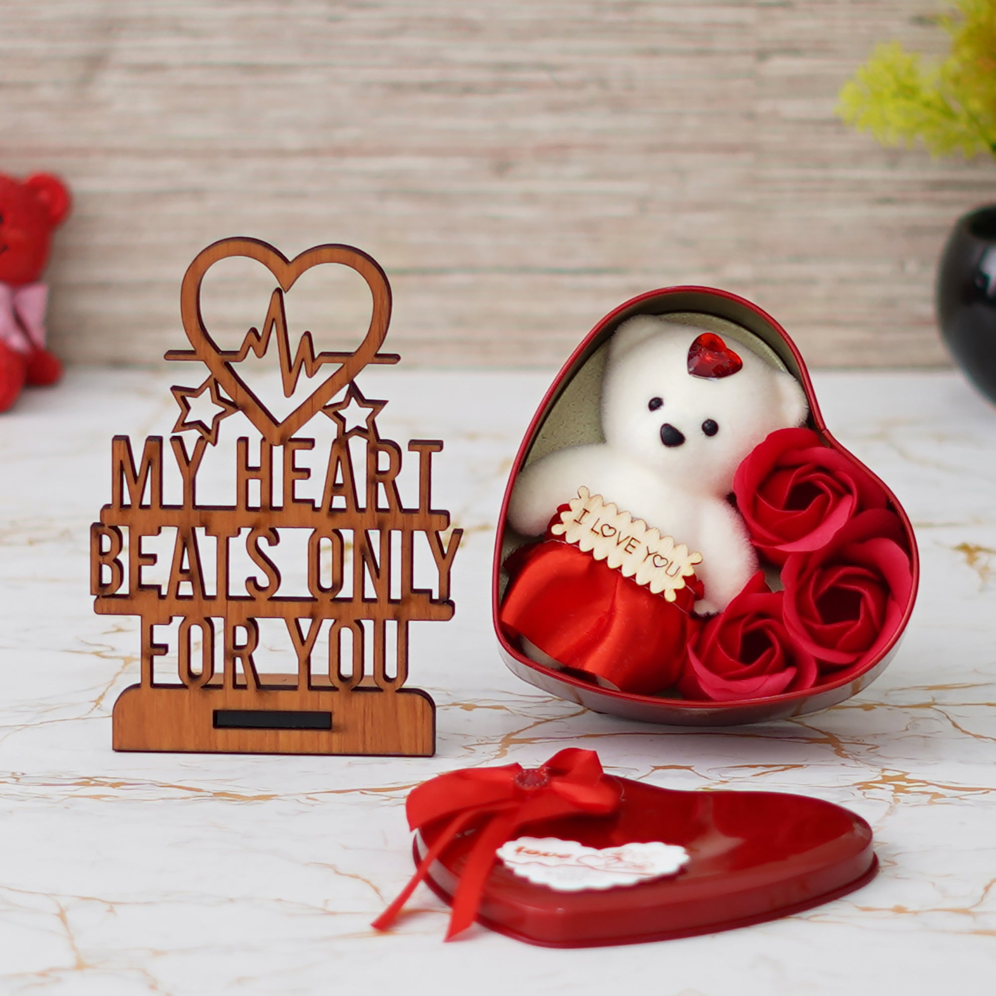 Valentine Combo of "My Heart Beats Only For You" Wooden Showpiece With Stand, Heart Shaped Gift Box Set with White Teddy and Red Roses