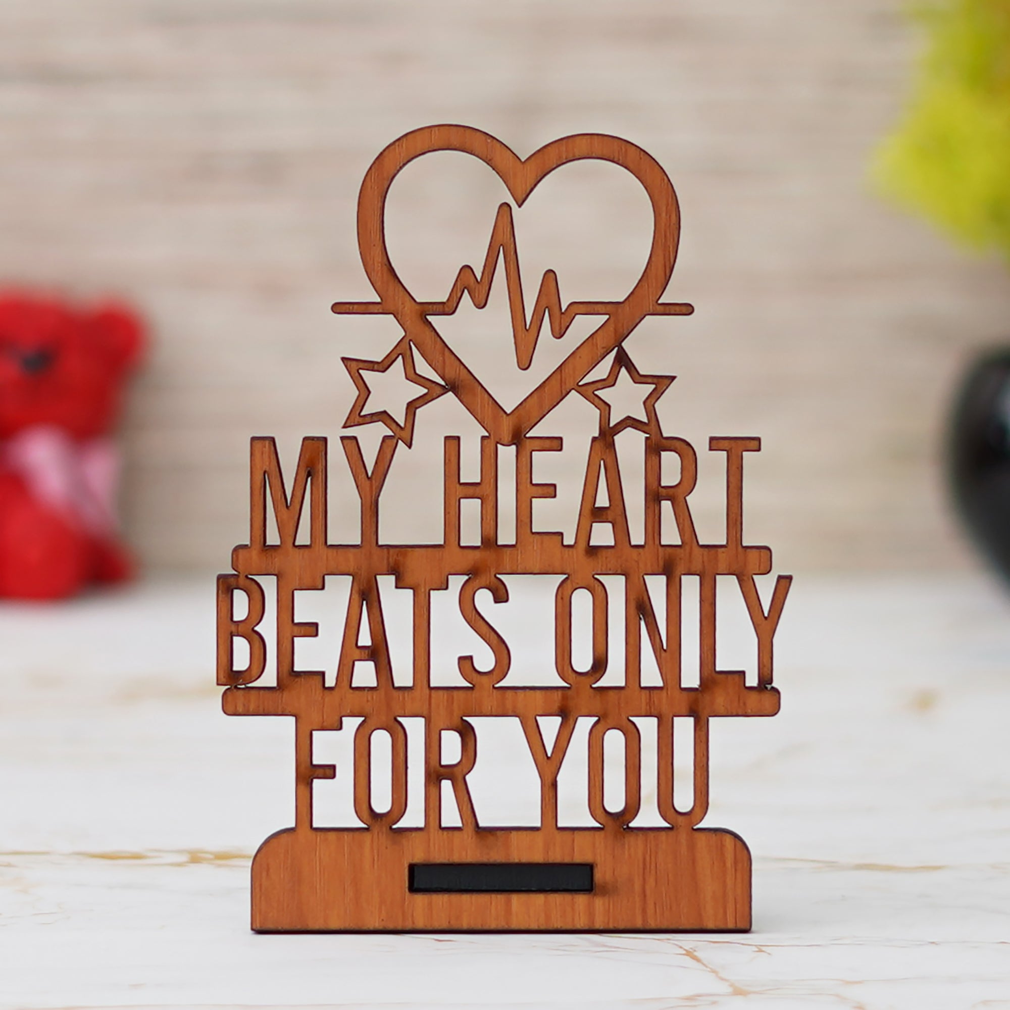 "My Heart Beats Only For You" Valentine Wooden Showpiece With Stand (Brown) 1