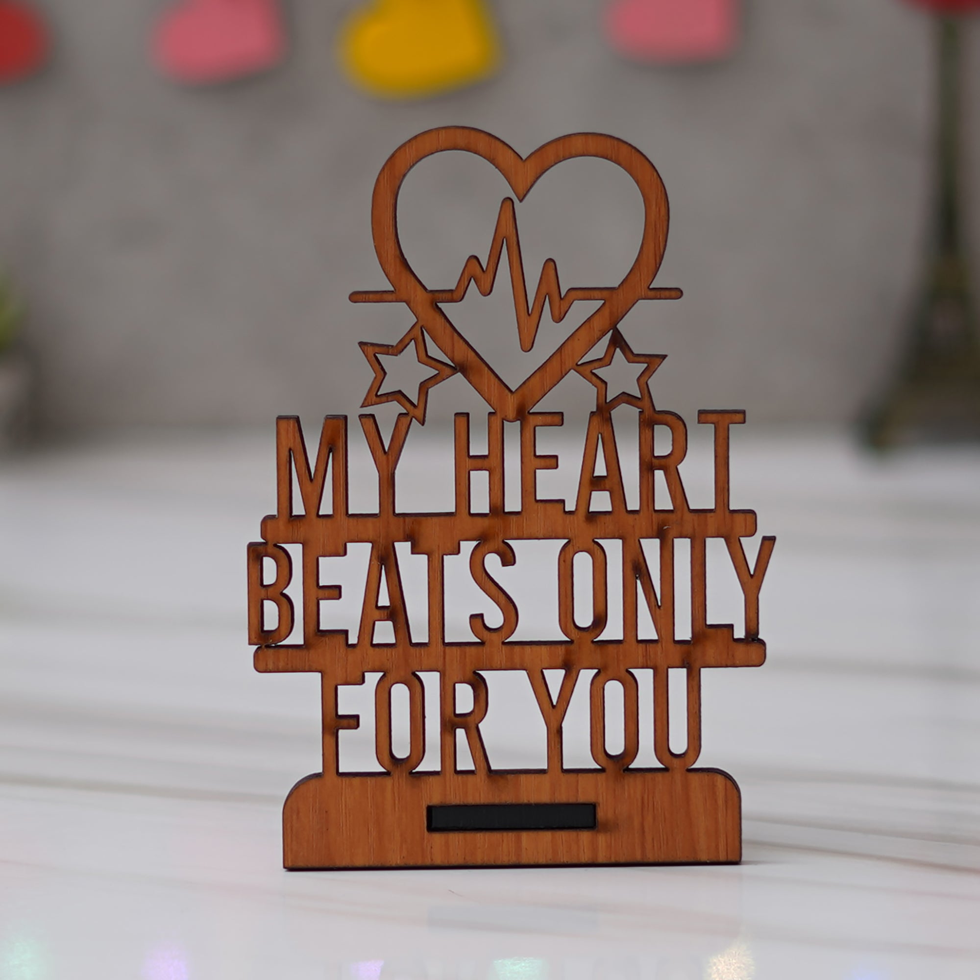 "My Heart Beats Only For You" Valentine Wooden Showpiece With Stand (Brown)