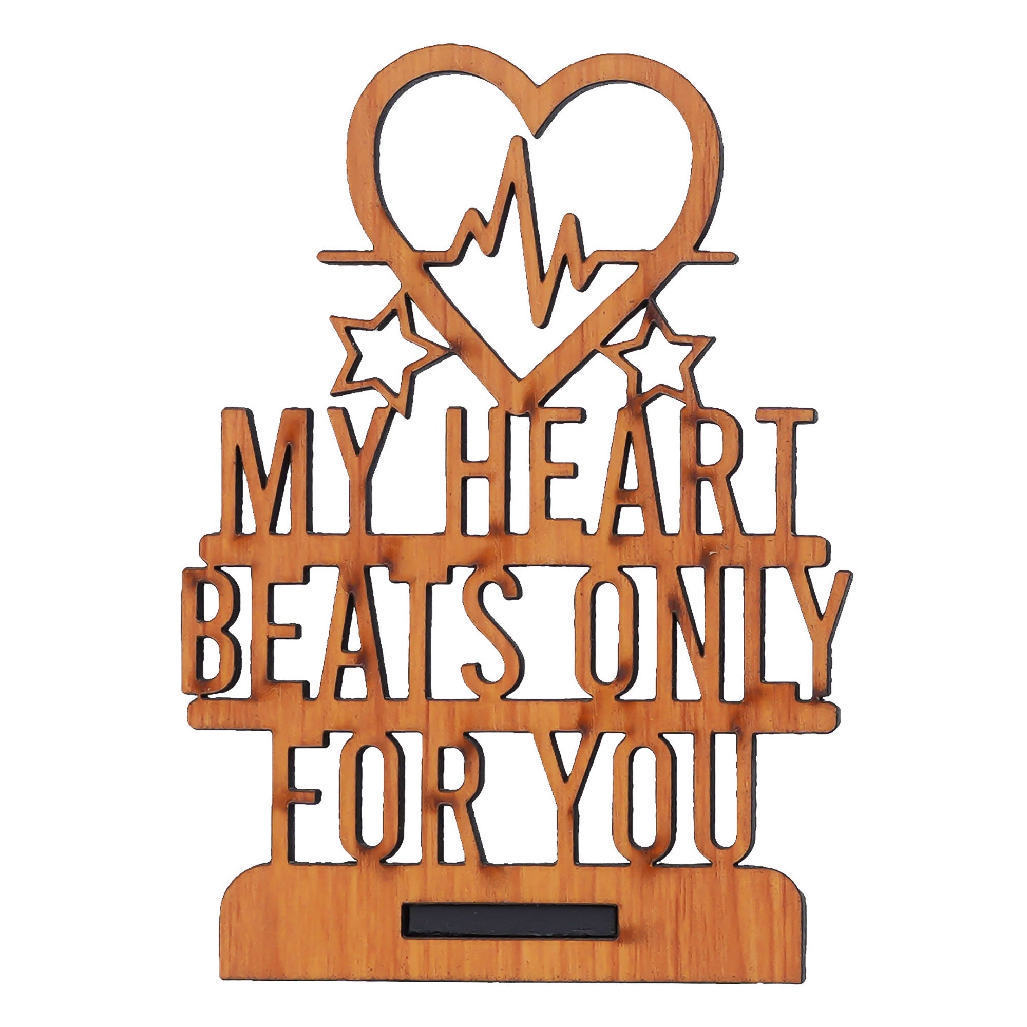 "My Heart Beats Only For You" Valentine Wooden Showpiece With Stand (Brown) 2