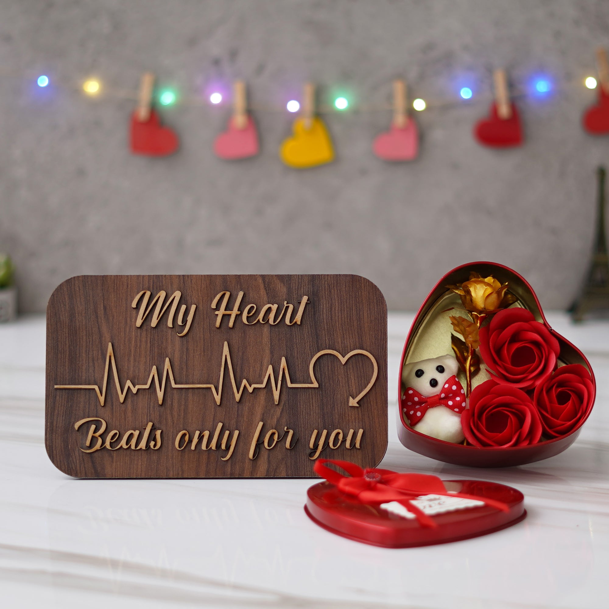 Valentine Combo of "My Heart Beats Only For You" Wooden Showpiece With Stand, Red Heart Shaped Gift Box
