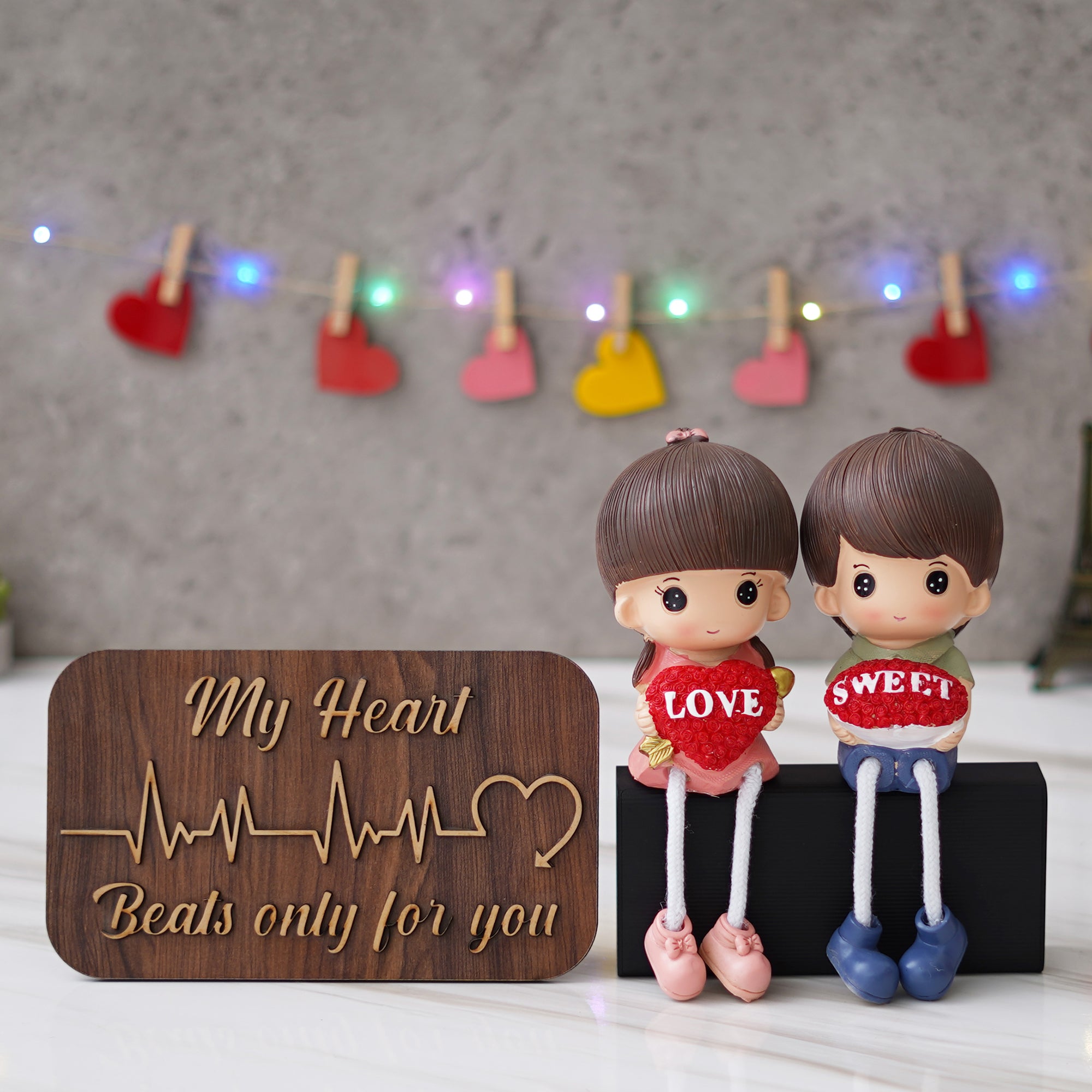 Valentine Combo of "My Heart Beats Only For You" Wooden Showpiece With Stand, Colorful Sweet Love Girl & Boy Figurine