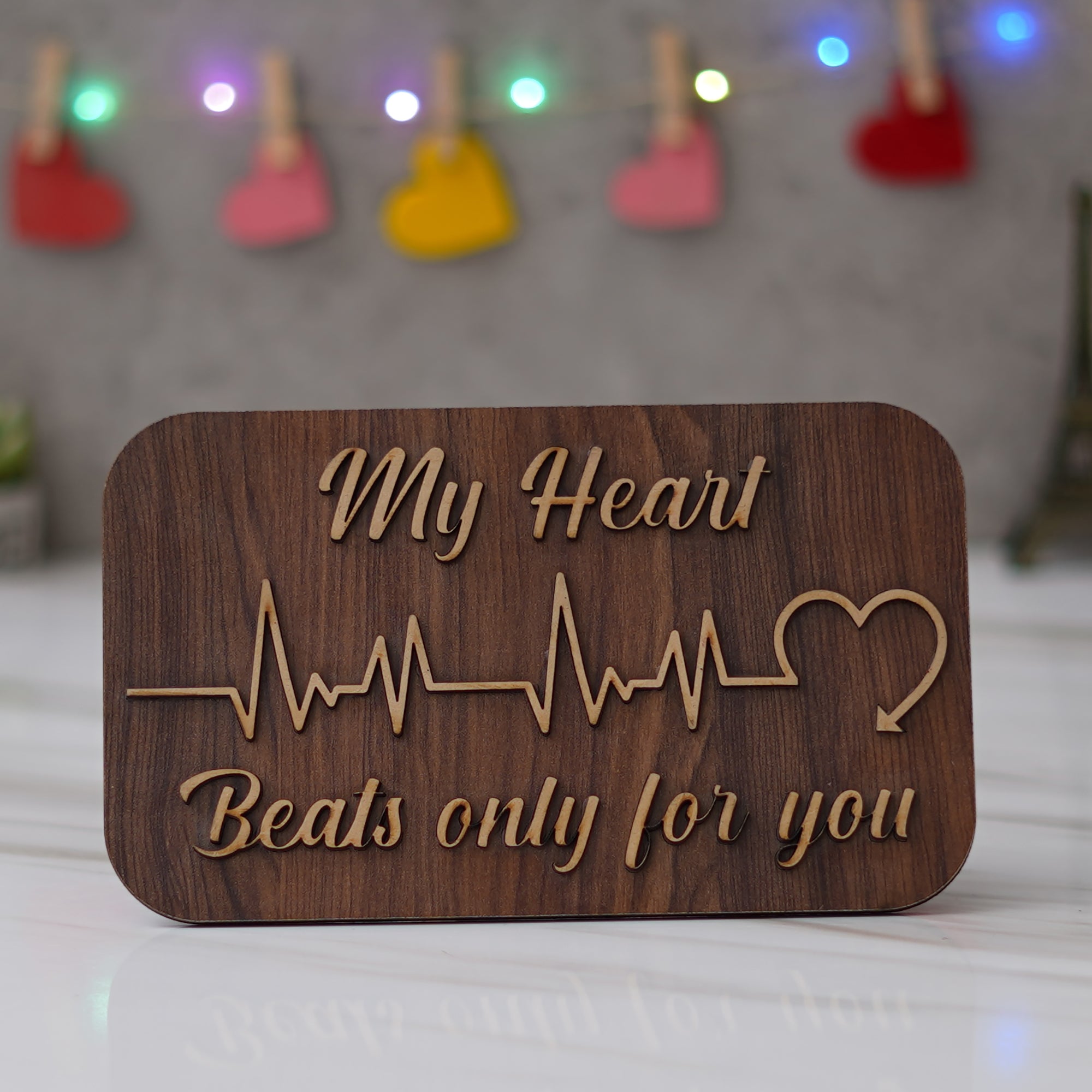 Valentine Combo of "My Heart Beats Only For You" Wooden Showpiece With Stand, Red Heart Shaped Gift Box 1