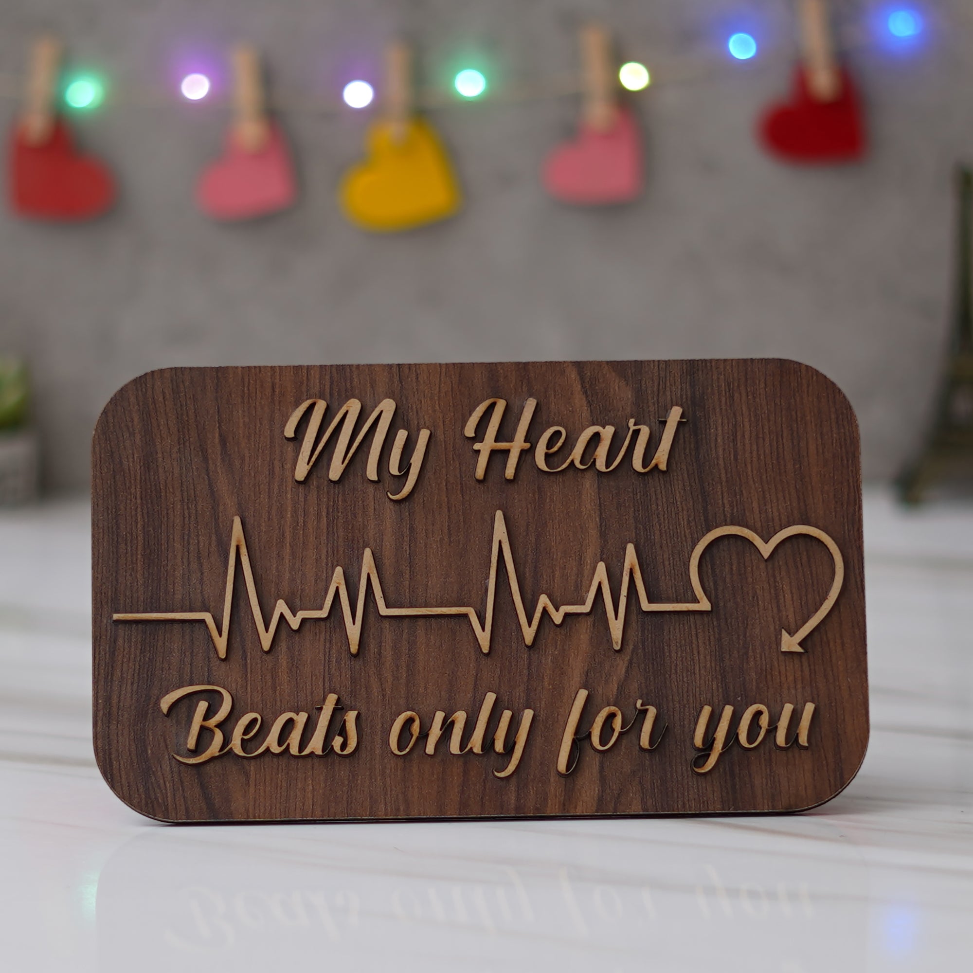 Valentine Combo of Golden Rose Gift Set, "My Heart Beats Only For You" Wooden Showpiece With Stand, "Love" Animated Characters Showpiece 3
