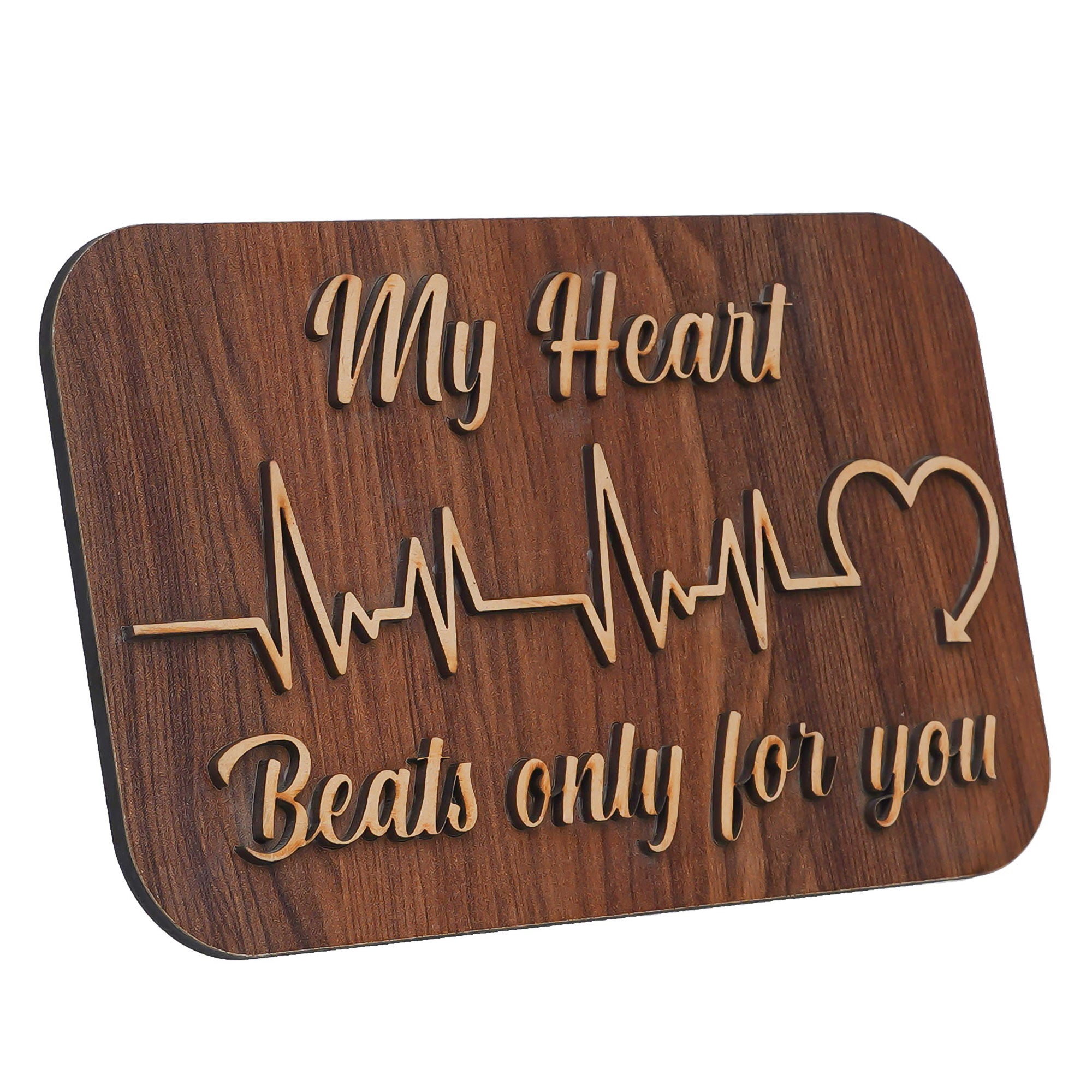 "My Heart Beats Only For You" Wooden Valentine Showpiece With Stand (Dark Brown) 4