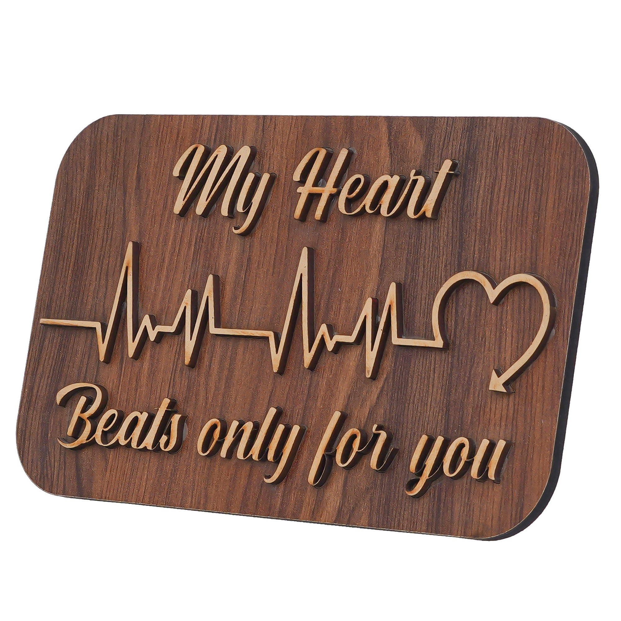 Valentine Combo of "My Heart Beats Only For You" Wooden Showpiece With Stand, Red Heart Shaped Gift Box 7