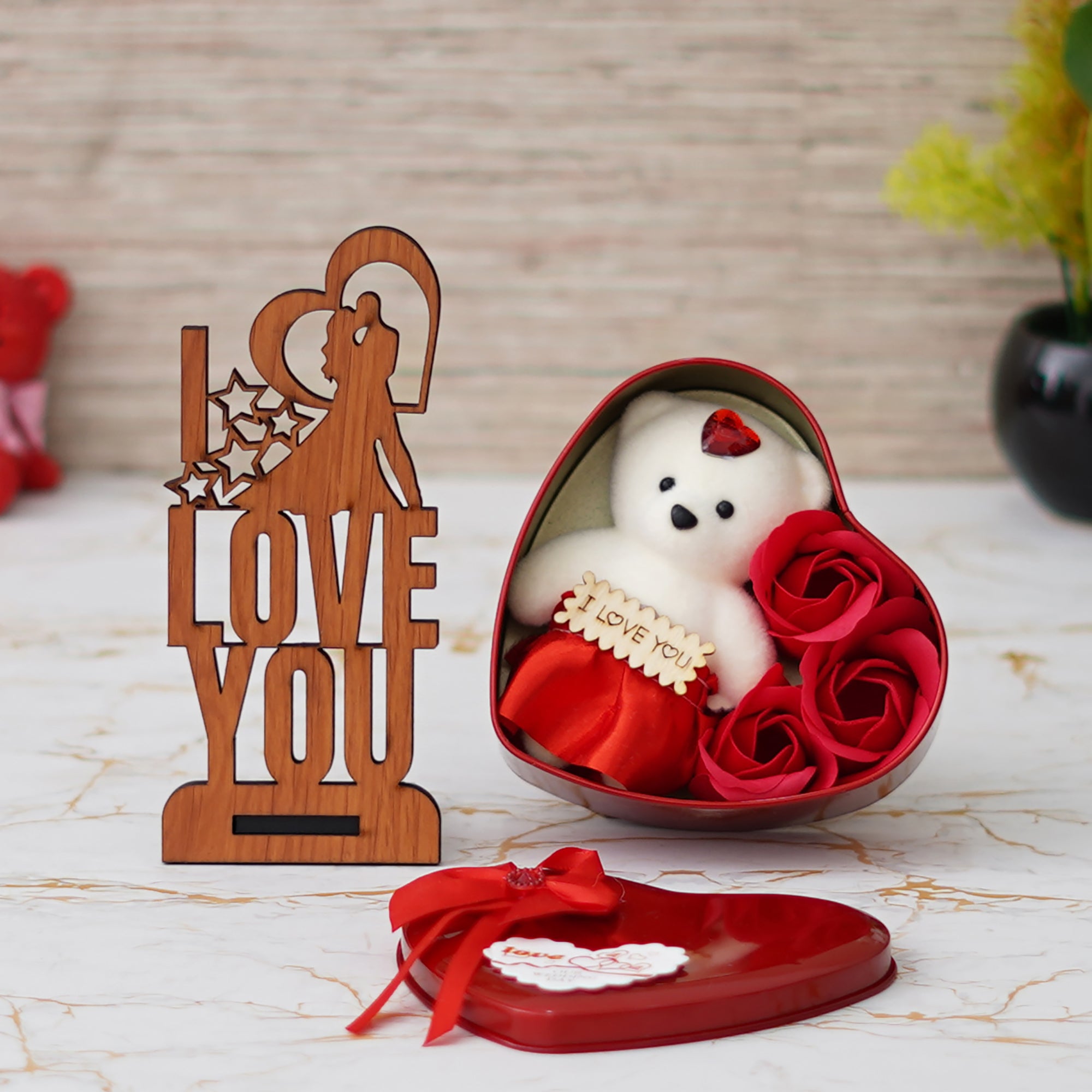 Valentine Combo of "Love You" Wooden Showpiece With Stand, Heart Shaped Gift Box Set with White Teddy and Red Roses