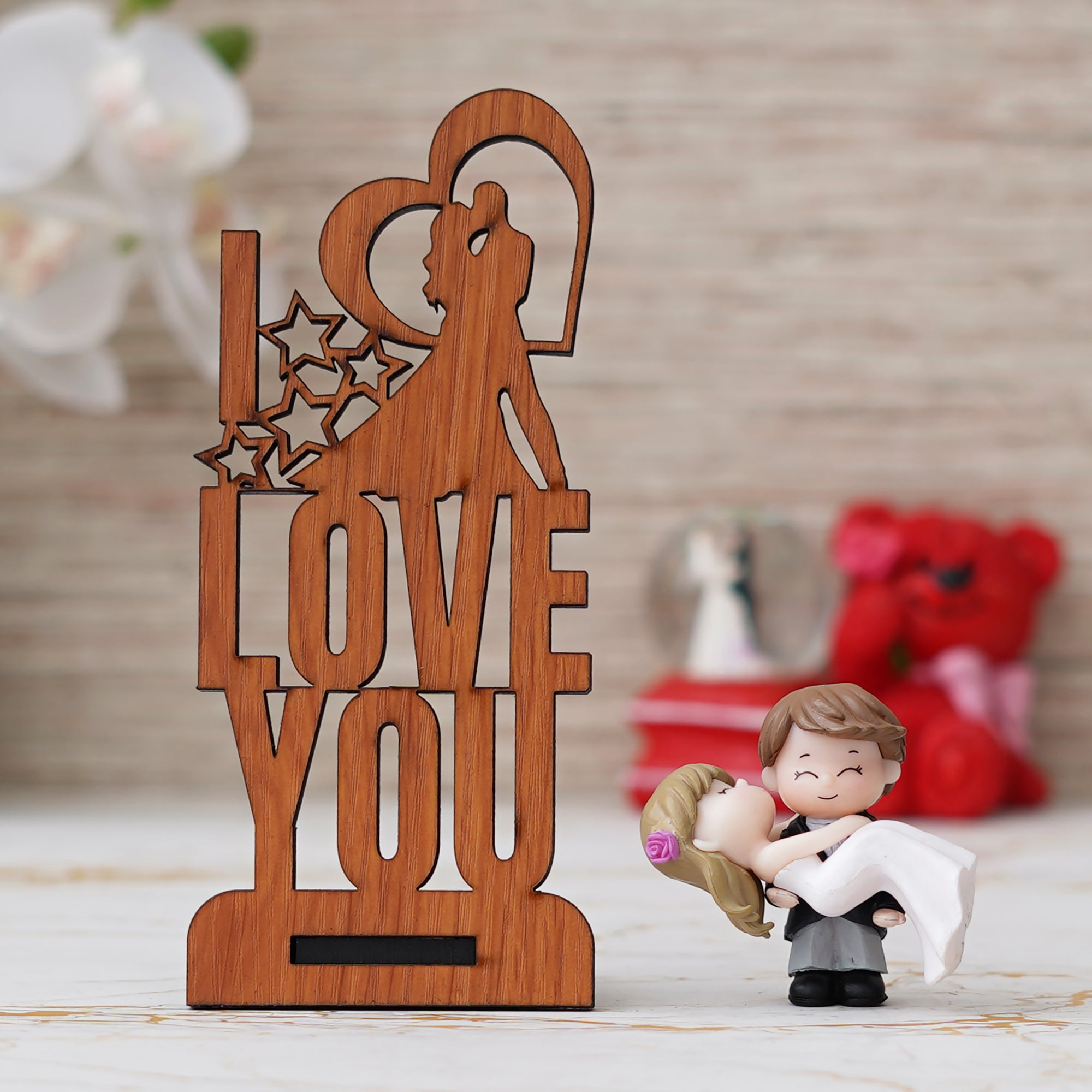 Valentine Combo of "Love You" Wooden Showpiece With Stand, Bride Kissing Groom Romantic Polyresin Decorative Showpiece