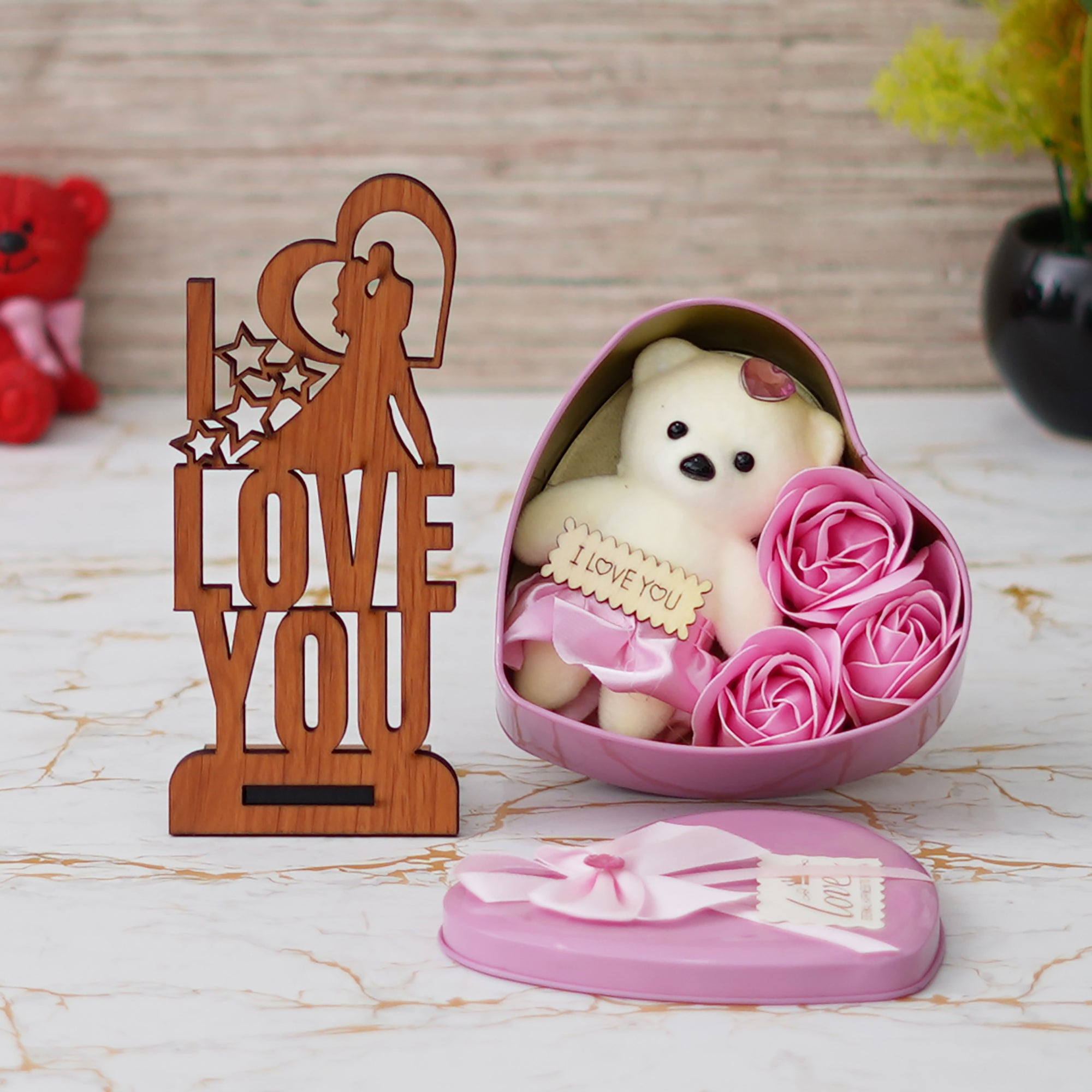 Valentine Combo of "Love You" Wooden Showpiece With Stand, Pink Heart Shaped Gift Box with Teddy and Roses