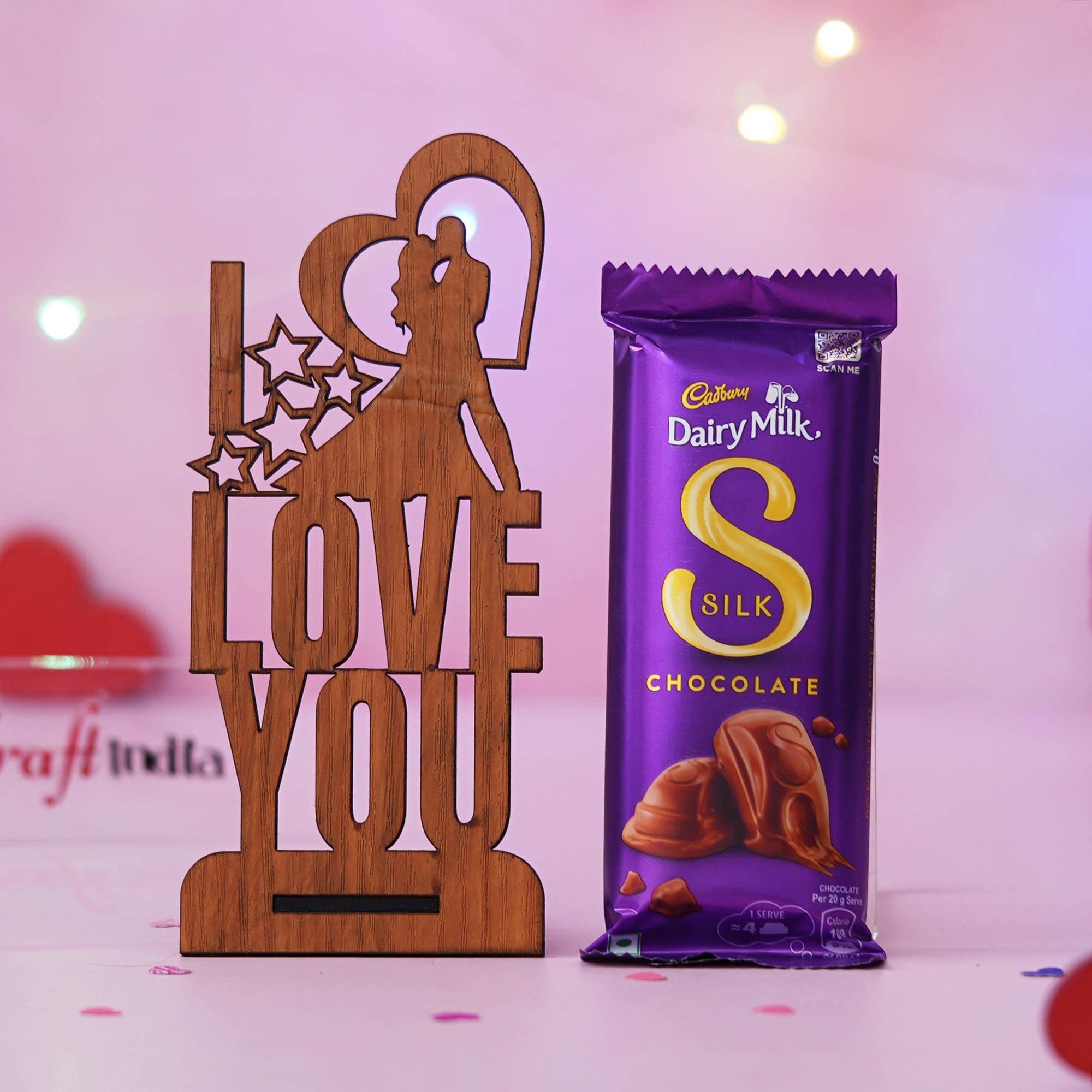 Couple with I Love You Valentine's Showpiece & Dairy Milk Silk Chocolate