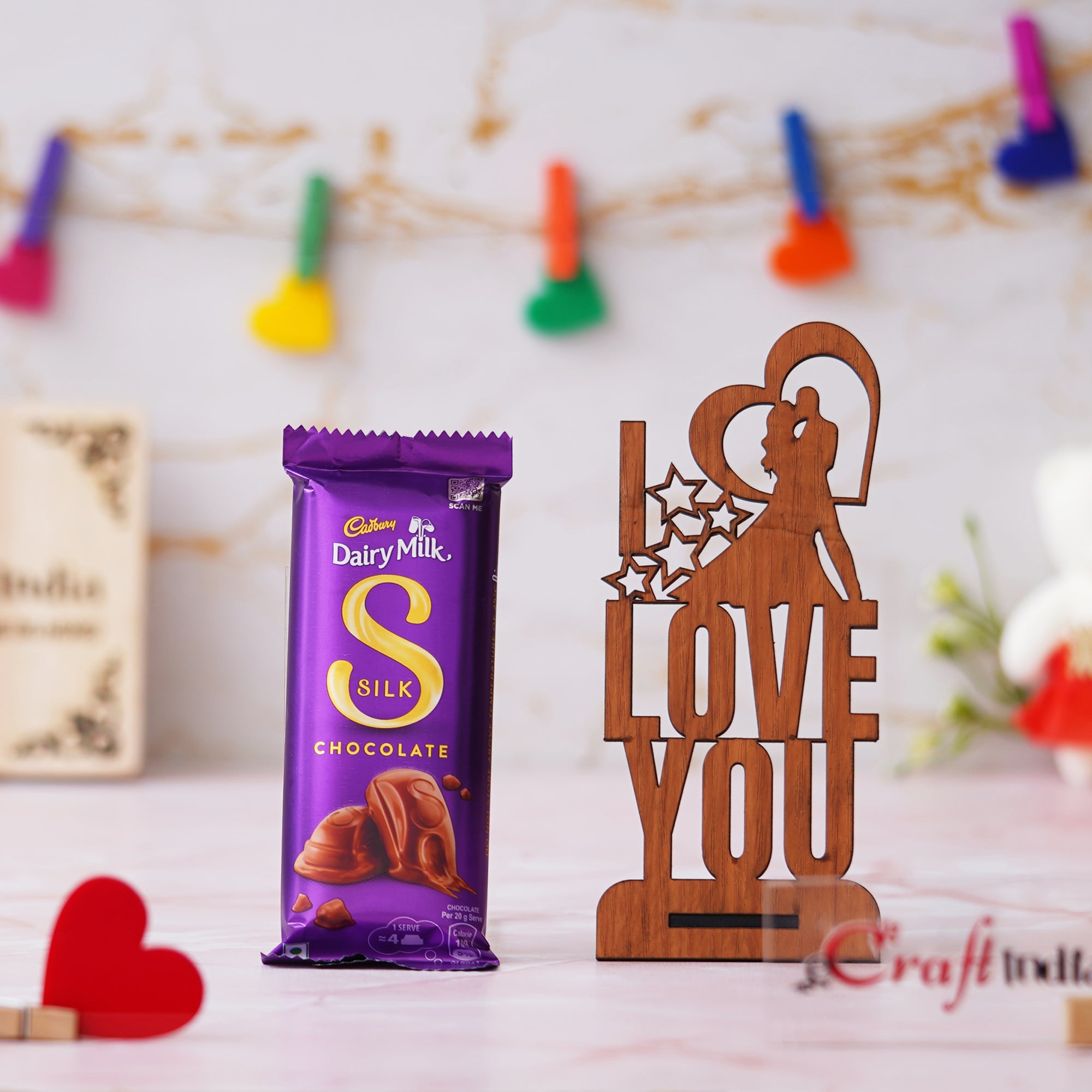 Couple with I Love You Valentine's Showpiece & Dairy Milk Silk Chocolate 1