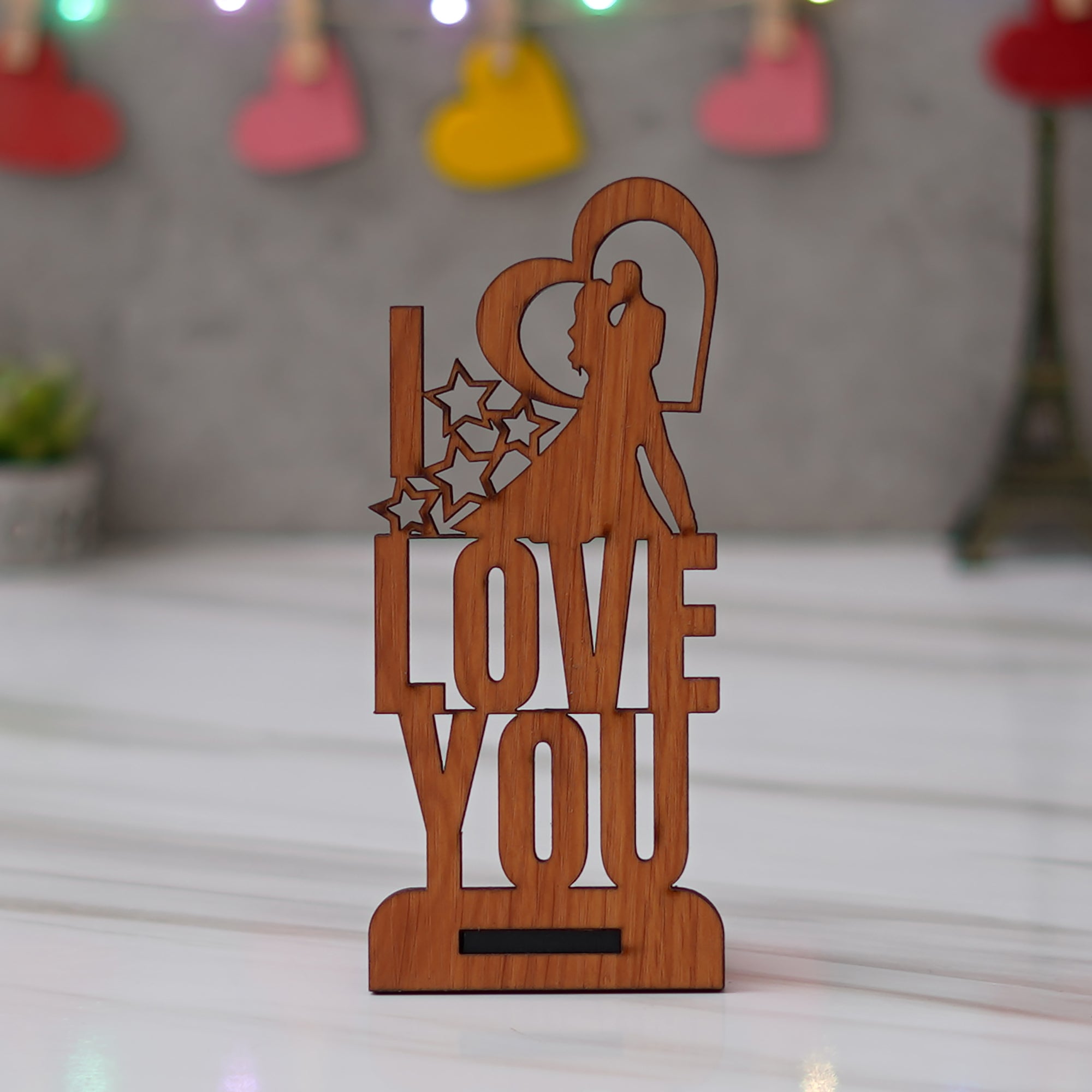 Valentine Combo of Pack of 8 Love Gift Cards, "Love You" Wooden Showpiece With Stand, Pink Heart Shaped Gift Box with Teddy and Roses 3