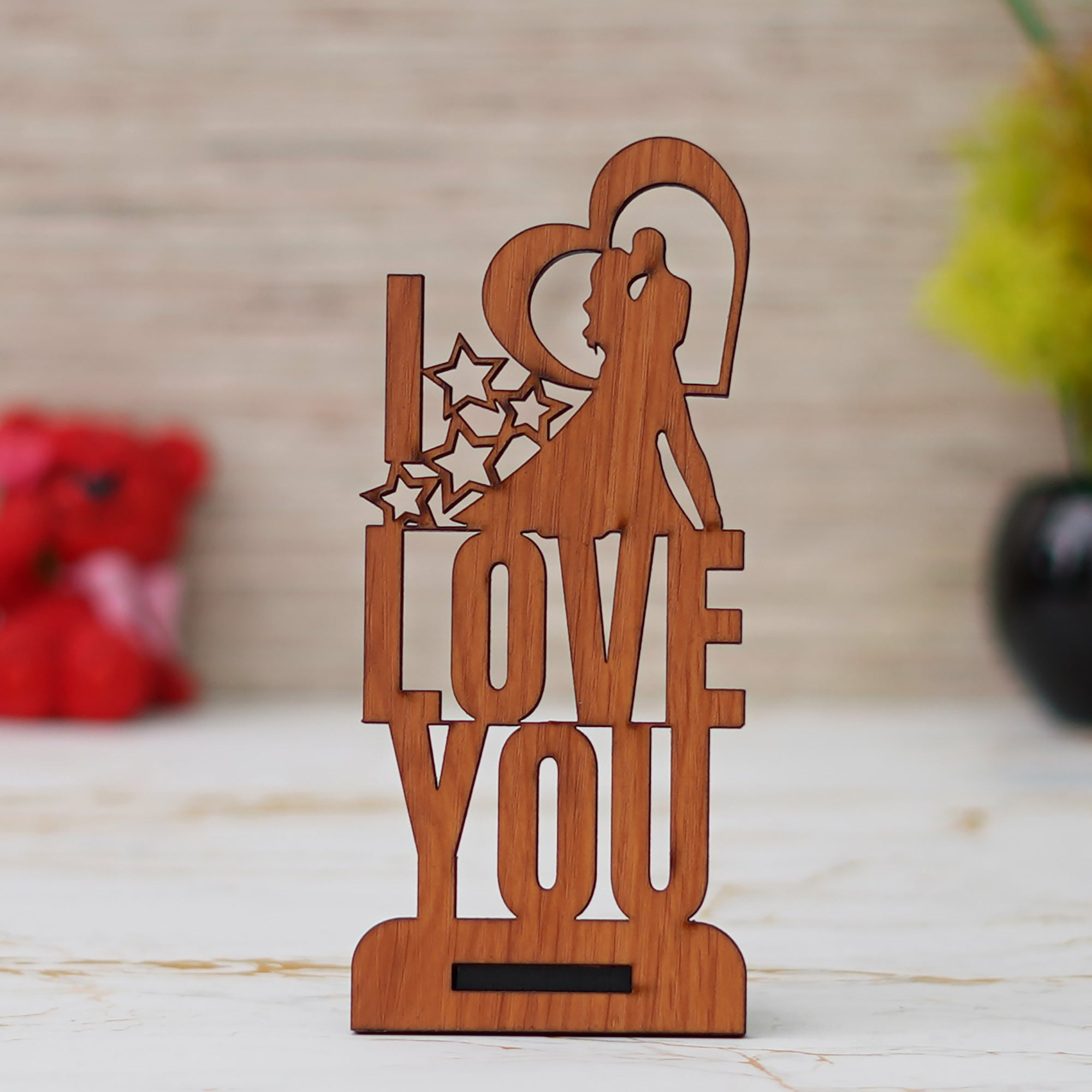 "Love You" Valentine Wooden Showpiece With Stand (Brown) 1