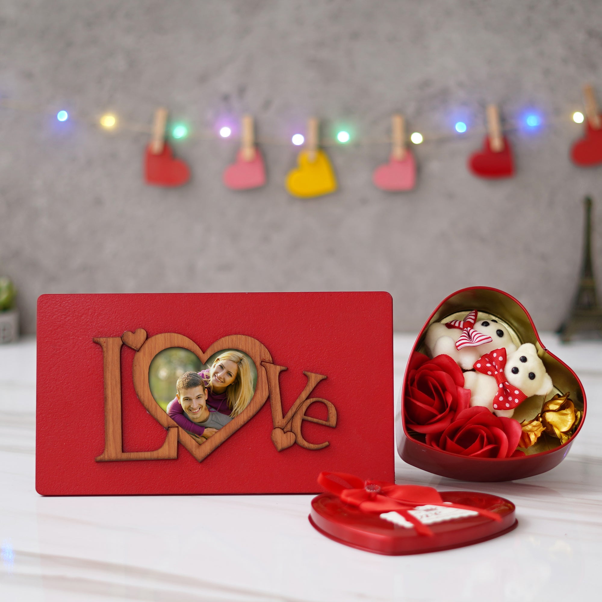 Valentine Combo of "Love" Wooden Photo Frame With Red Stand, Red Heart Shaped Gift Box
