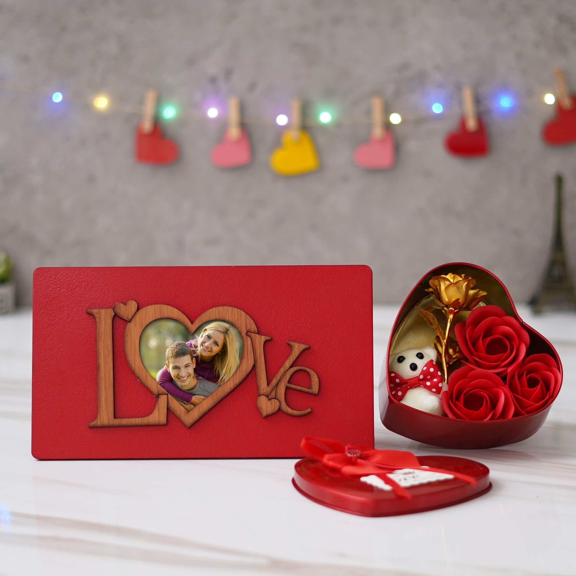 Valentine Combo of "Love" Wooden Photo Frame With Red Stand, Red Heart Shaped Gift Box