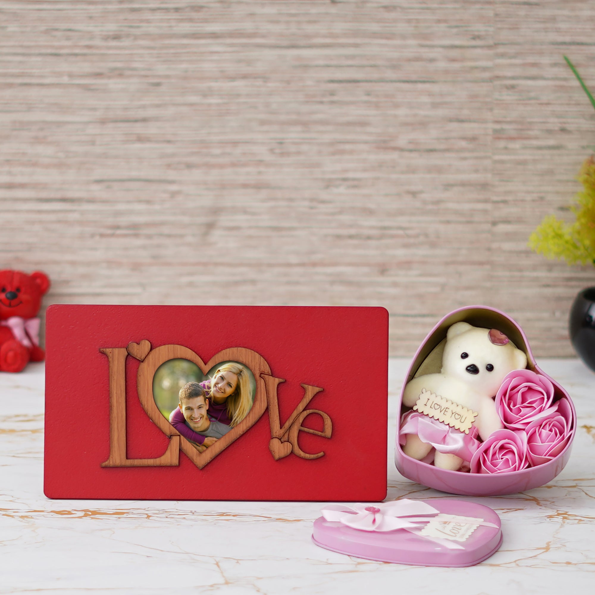Valentine Combo of "Love" Wooden Photo Frame With Red Stand, Pink Heart Shaped Gift Box with Teddy and Roses