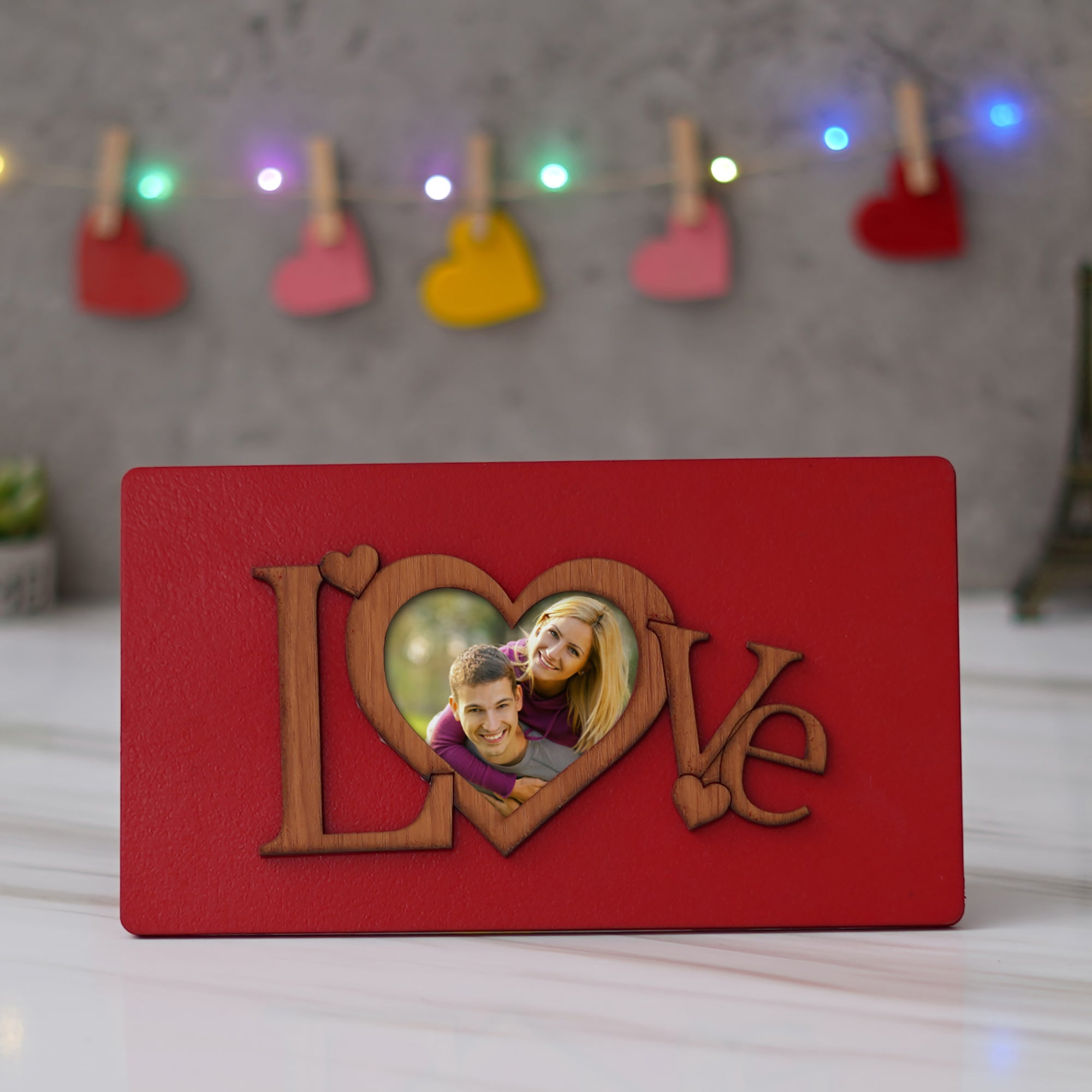 Valentine Combo of Pack of 8 Love Gift Cards, "Love" Wooden Photo Frame With Red Stand, Heart Shaped Gift Box Set with White Teddy and Red Roses 3