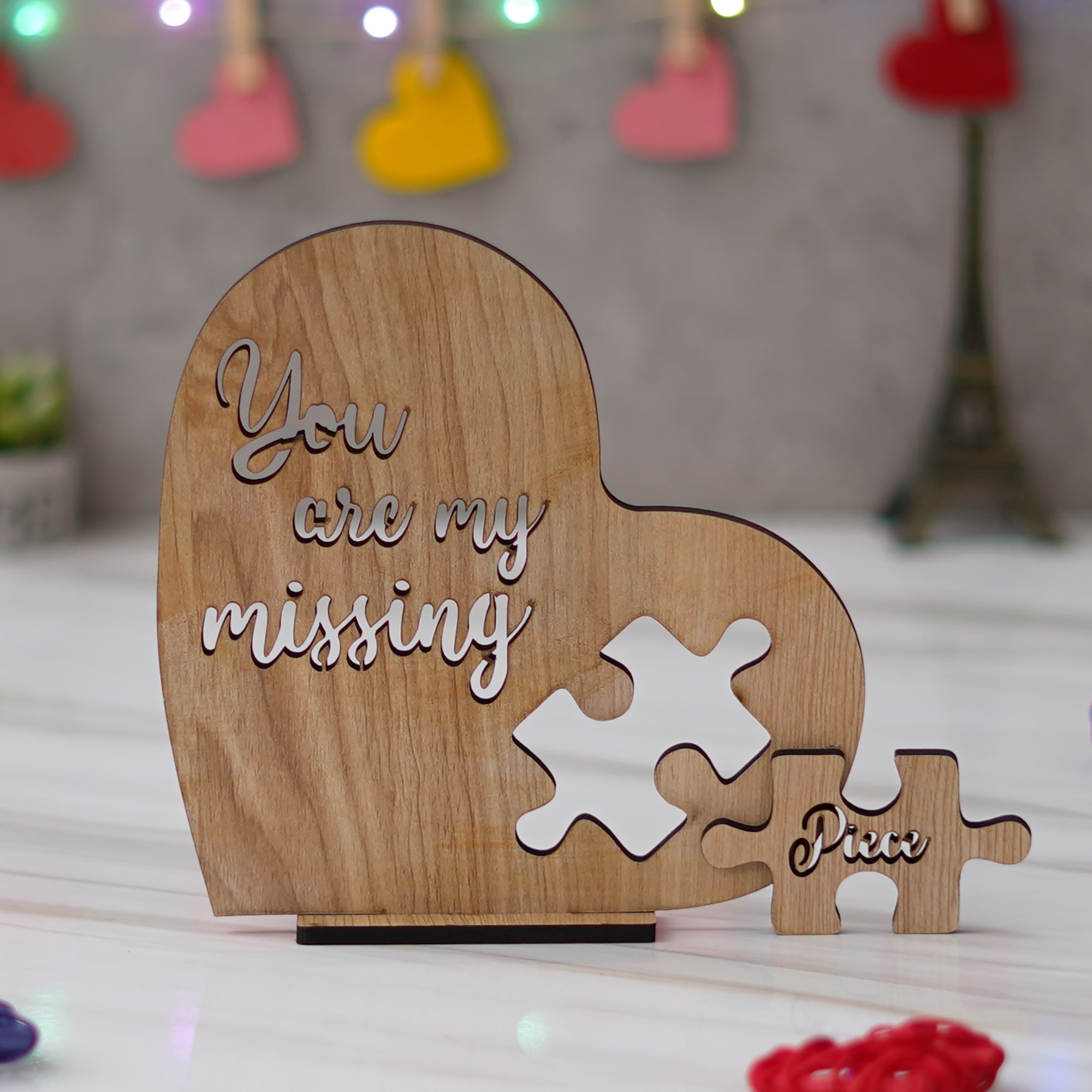 "You are my missing piece" Valentine Wooden Puzzle Brown Showpiece With Stand 1