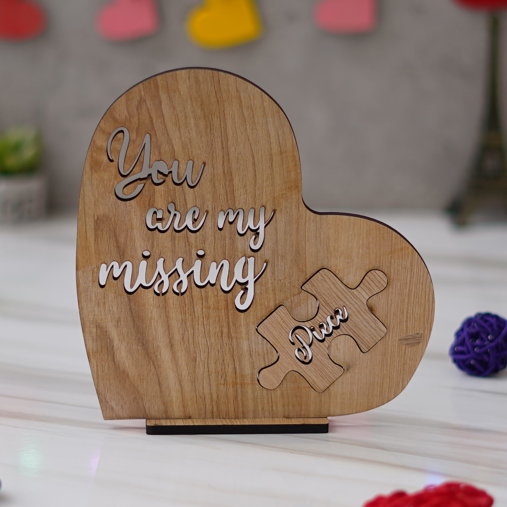 "You are my missing piece" Valentine Wooden Puzzle Brown Showpiece With Stand 3