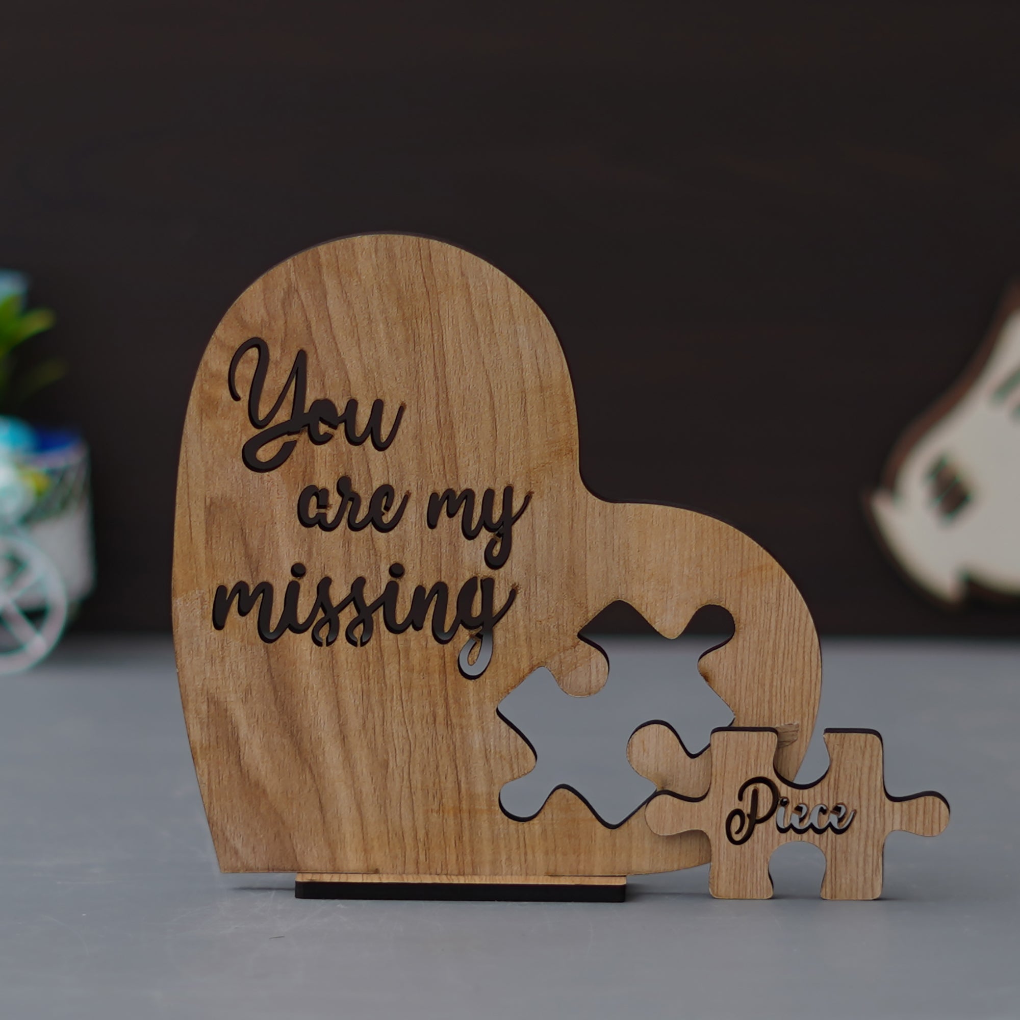 Valentine Combo of Golden Rose Gift Set, "You are my missing piece" Wooden Puzzle Brown Showpiece With Stand 3