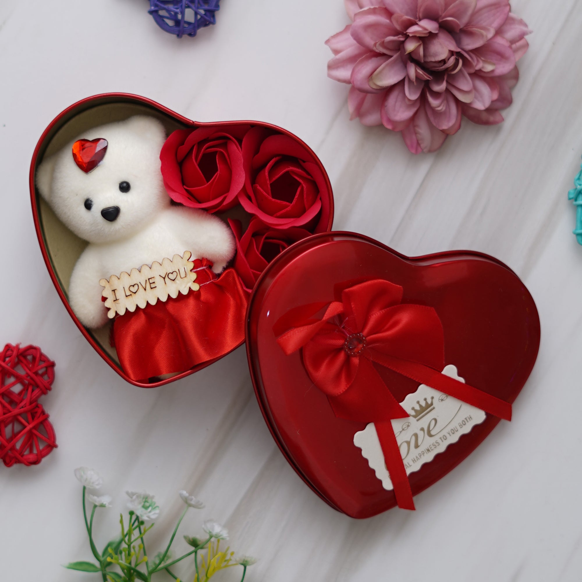Valentine Combo of Golden Red Rose Gift Set, "My Heart Beats Only For You" Wooden Showpiece With Stand, Heart Shaped Gift Box Set with White Teddy and Red Roses 5