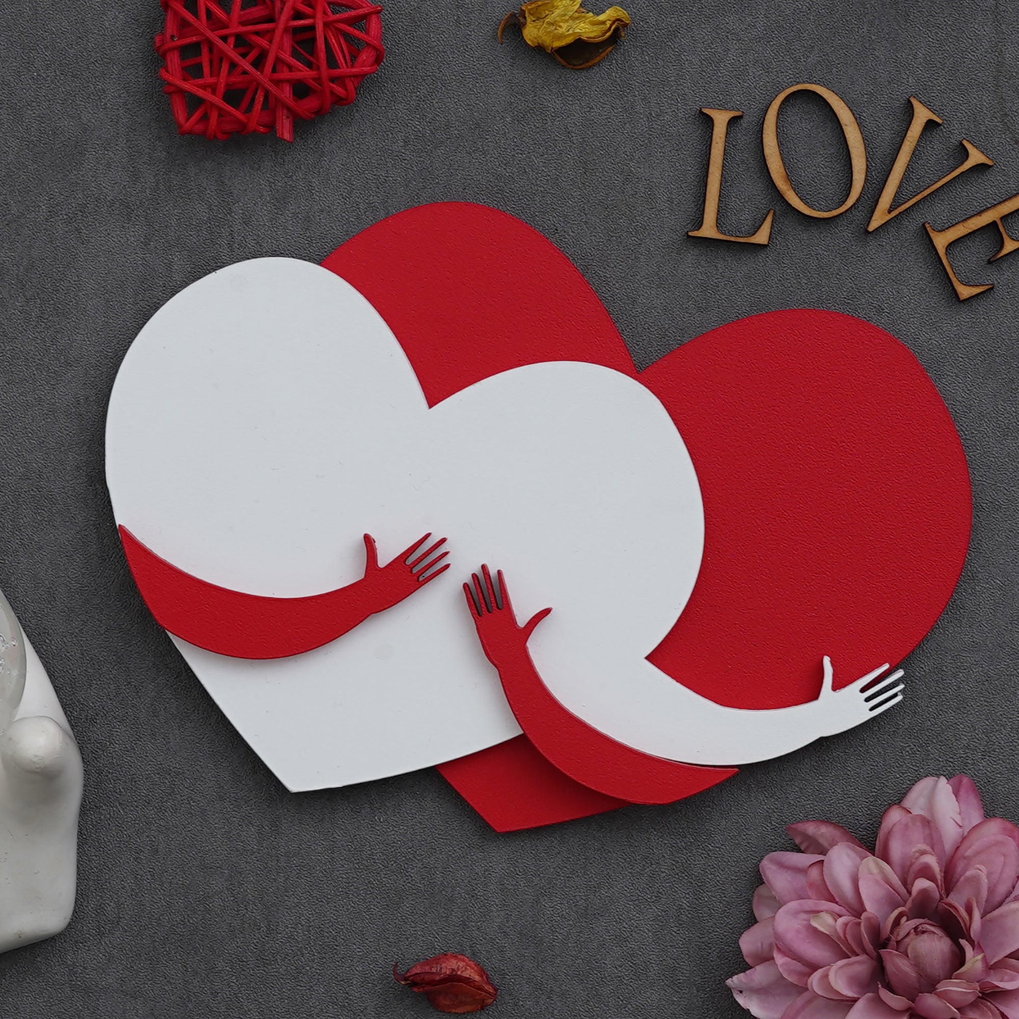 Valentine Combo of Card, Red and White Heart Hugging Each Other Gift Set, Red Heart Shaped Gift Box 3