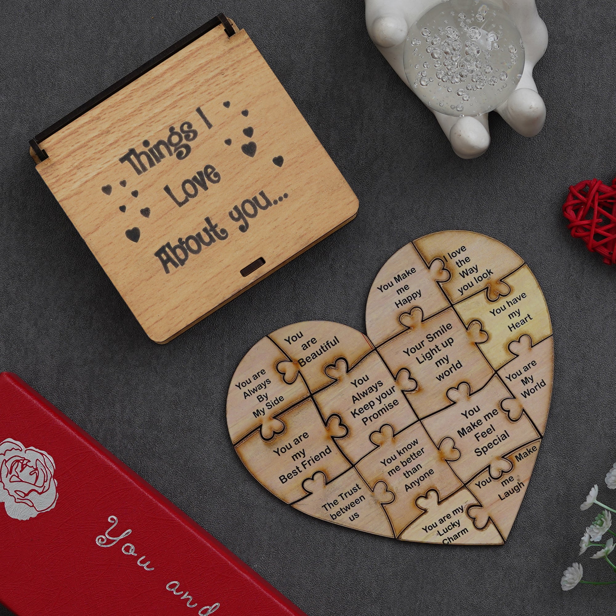 Valentine Combo of Card, "Things I Love About You" Puzzle Wooden Gift Set, Pink Heart Shaped Gift Box with Teddy and Roses 3