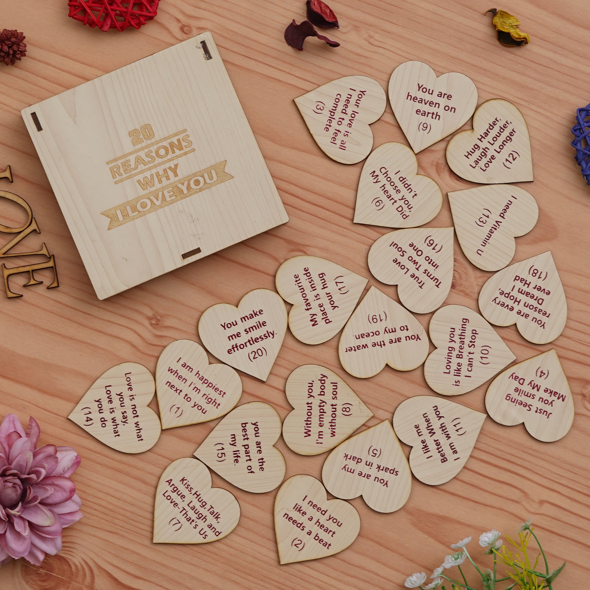 "20 Reasons Why I Love You" Printed on Little Hearts Valentine Brown Wooden Gift Set 3