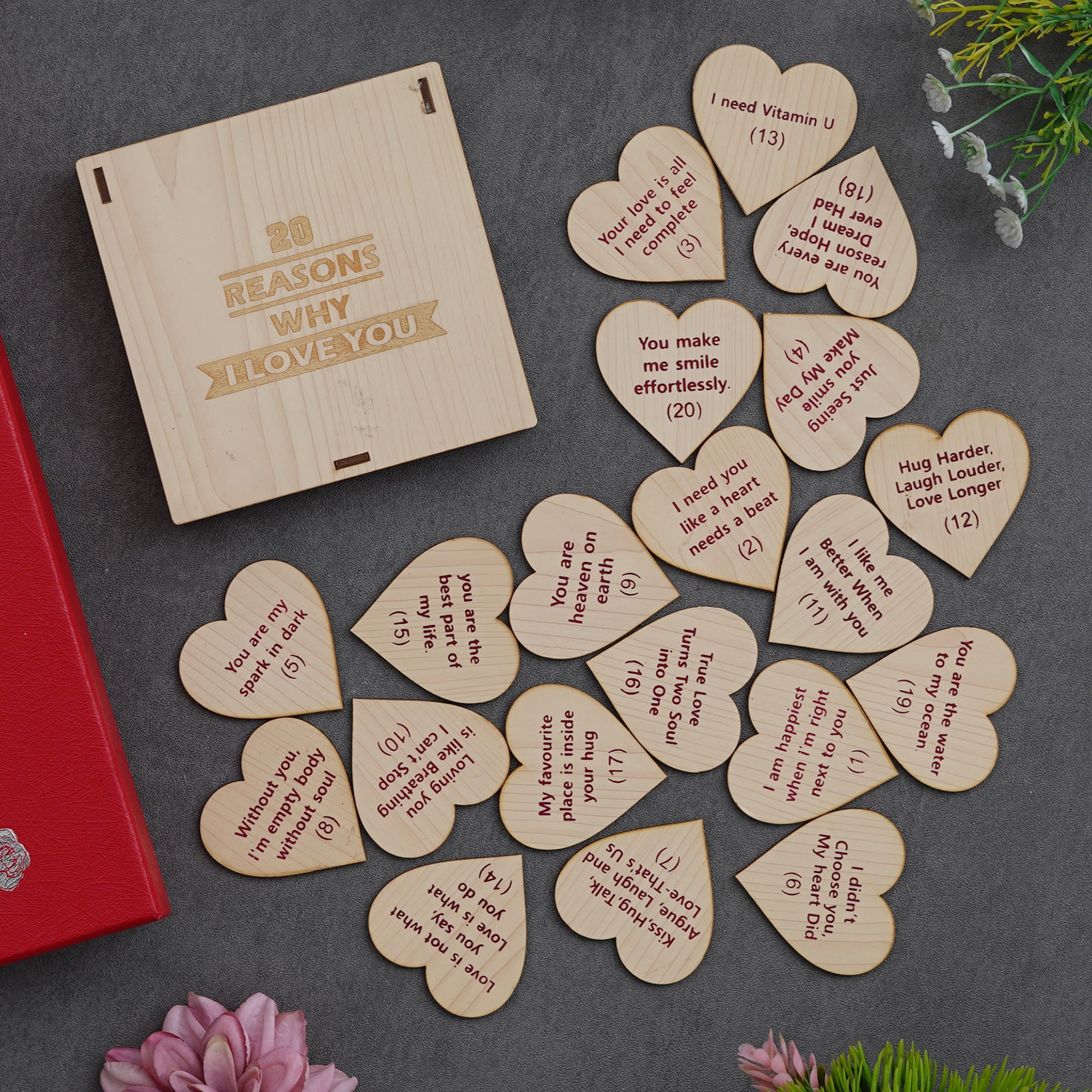 Valentine Combo of Golden Red Rose Gift Set, "20 Reasons Why I Love You" Printed on Little Hearts Wooden Gift Set 3