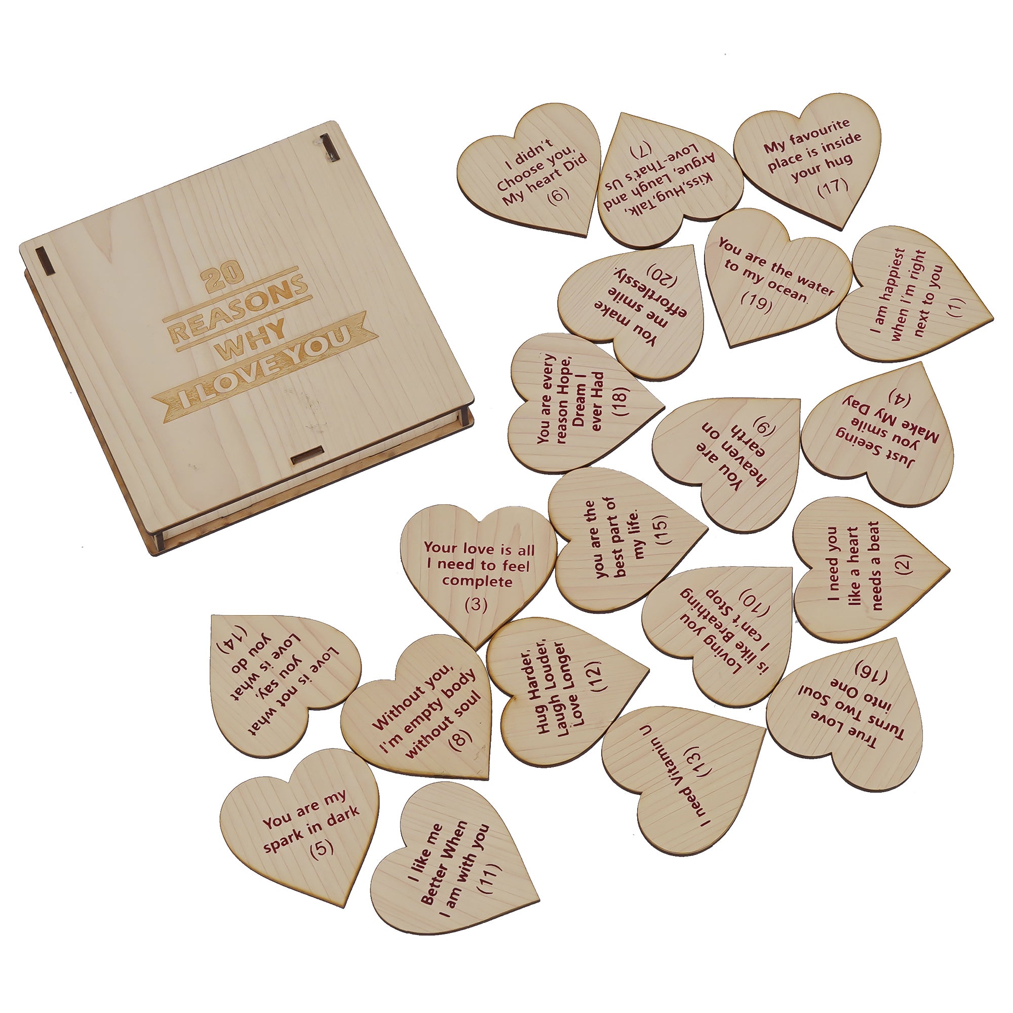 "20 Reasons Why I Love You" Printed on Little Hearts Valentine Brown Wooden Gift Set 6