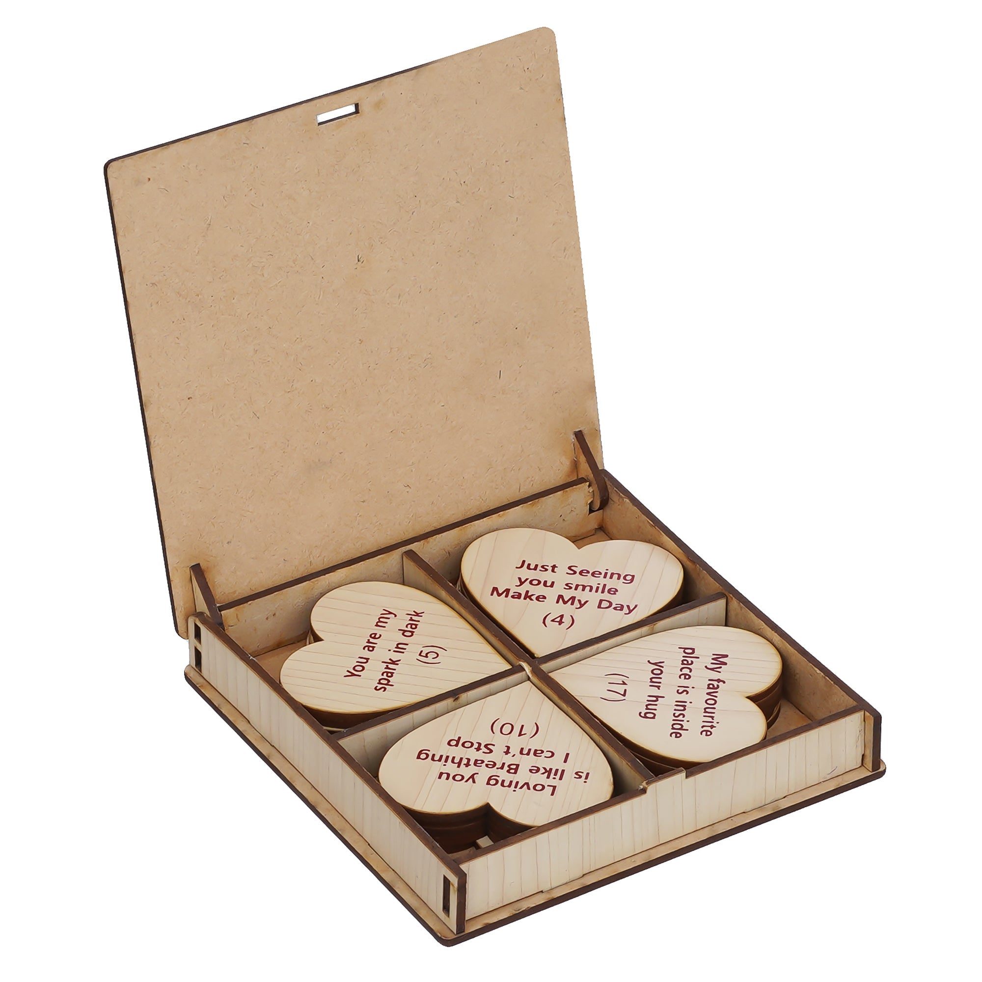 Valentine Combo of Pack of 8 Love Gift Cards, "20 Reasons Why I Love You" Printed on Little Hearts Wooden Gift Set 6