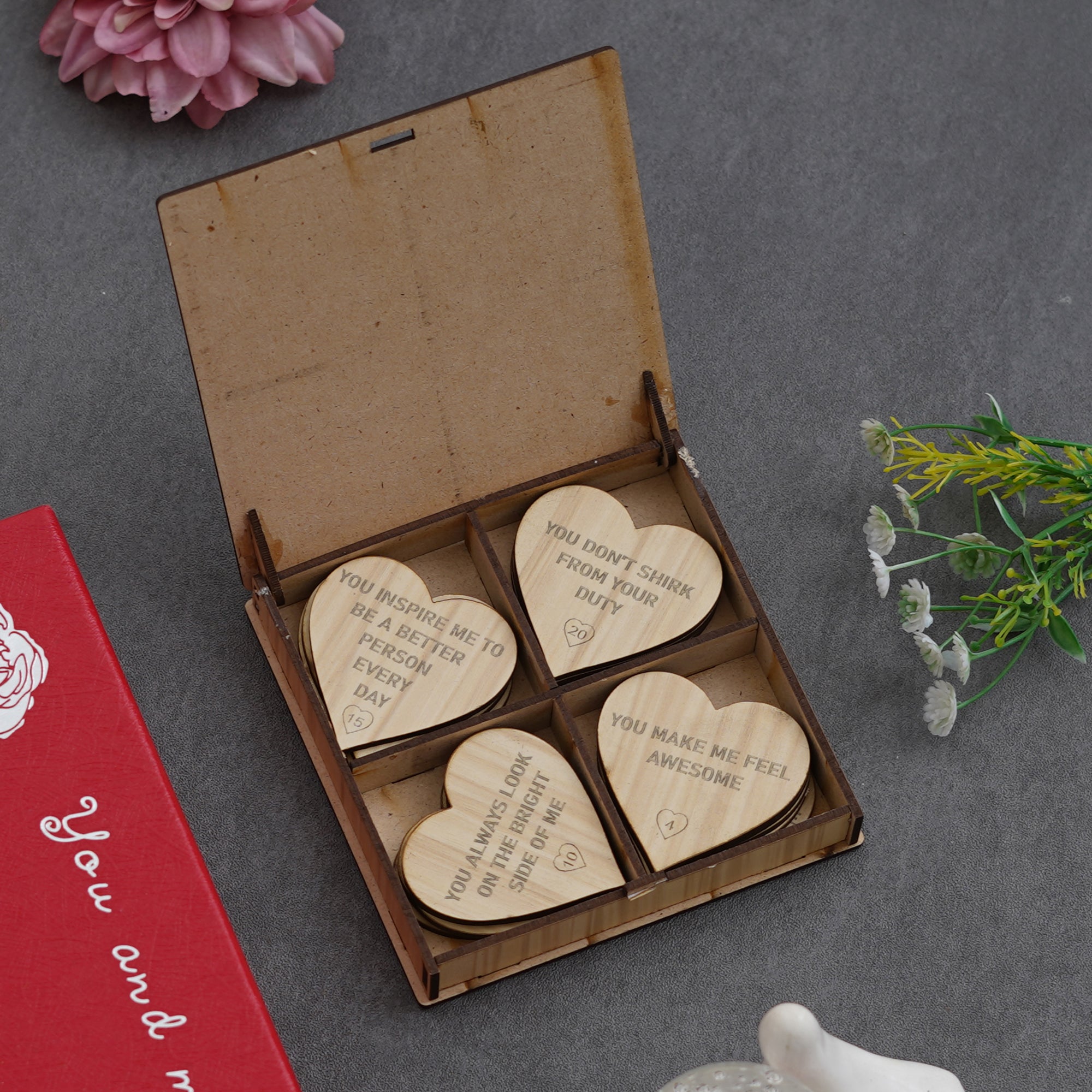 "20 Reasons Why I Need You" Printed on Little Hearts Valentine Brown Wooden Gift Set 1