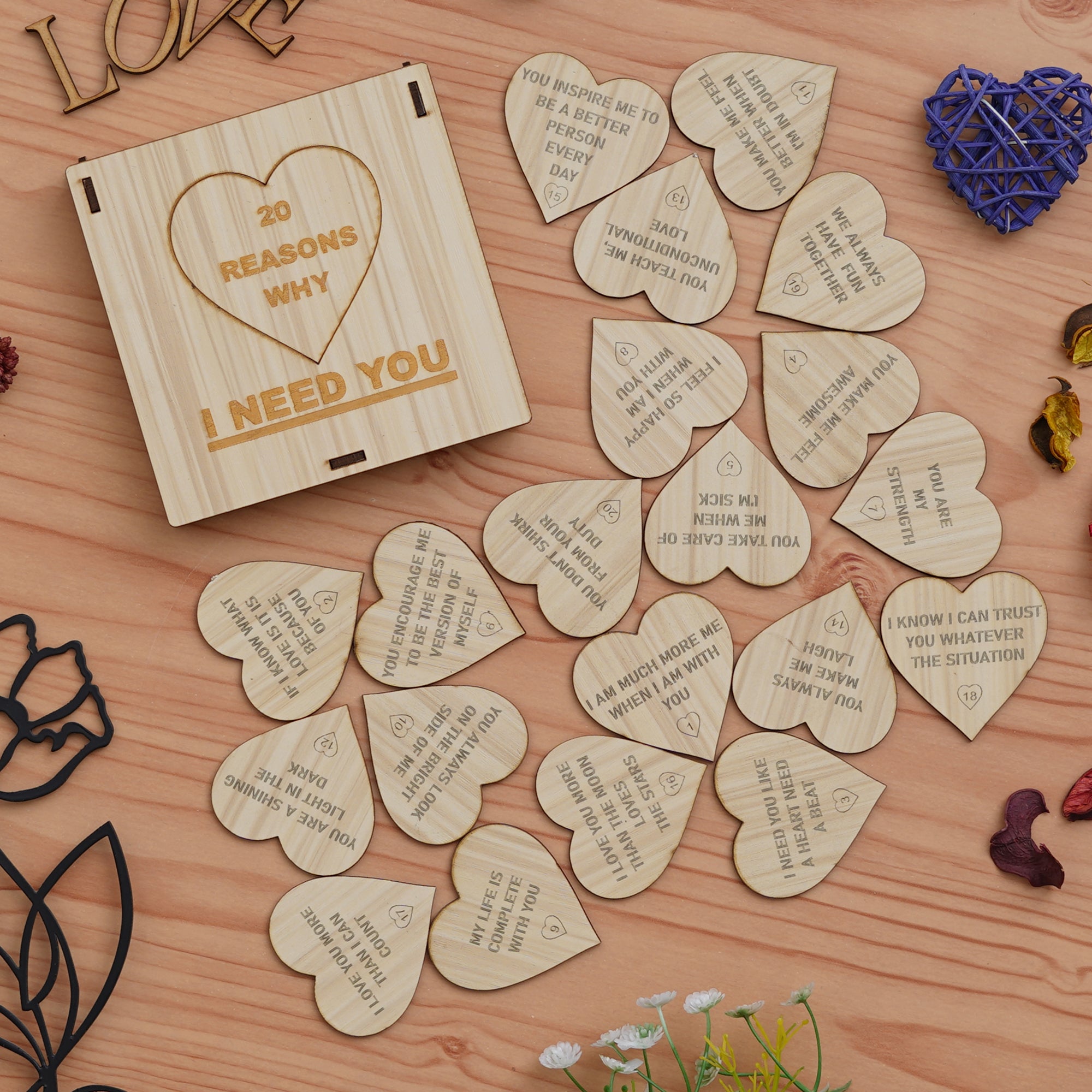 "20 Reasons Why I Need You" Printed on Little Hearts Valentine Brown Wooden Gift Set 3