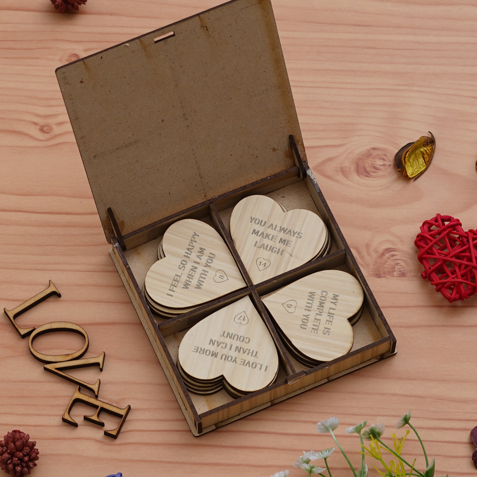 "20 Reasons Why I Need You" Printed on Little Hearts Valentine Brown Wooden Gift Set 4