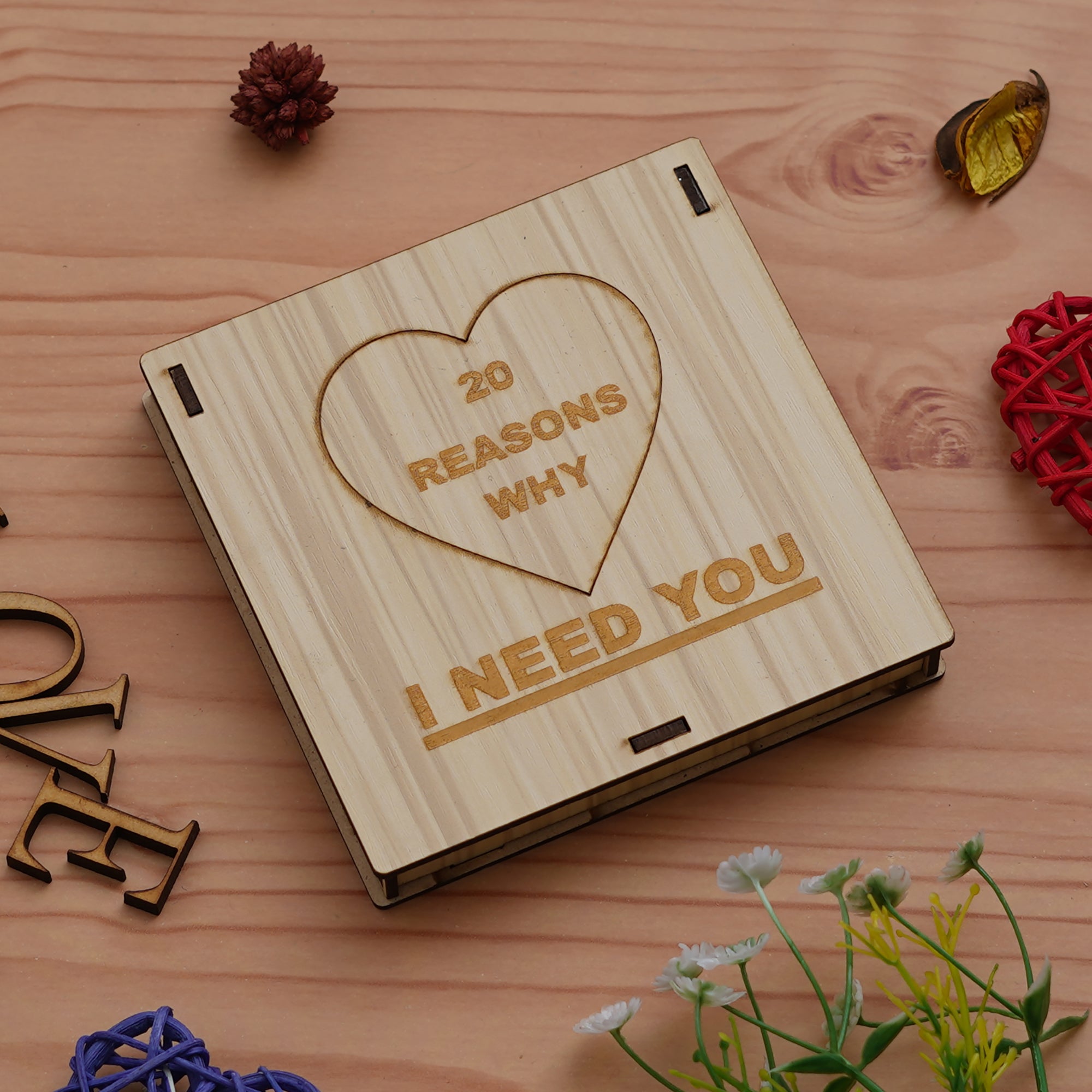 "20 Reasons Why I Need You" Printed on Little Hearts Valentine Brown Wooden Gift Set 5