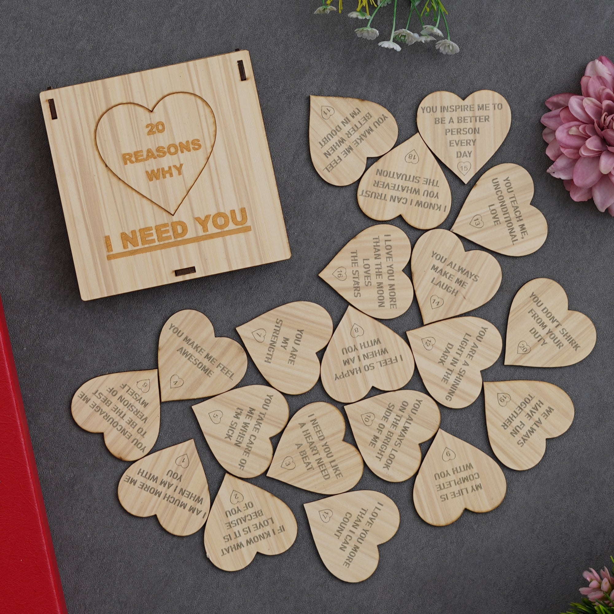 "20 Reasons Why I Need You" Printed on Little Hearts Valentine Brown Wooden Gift Set