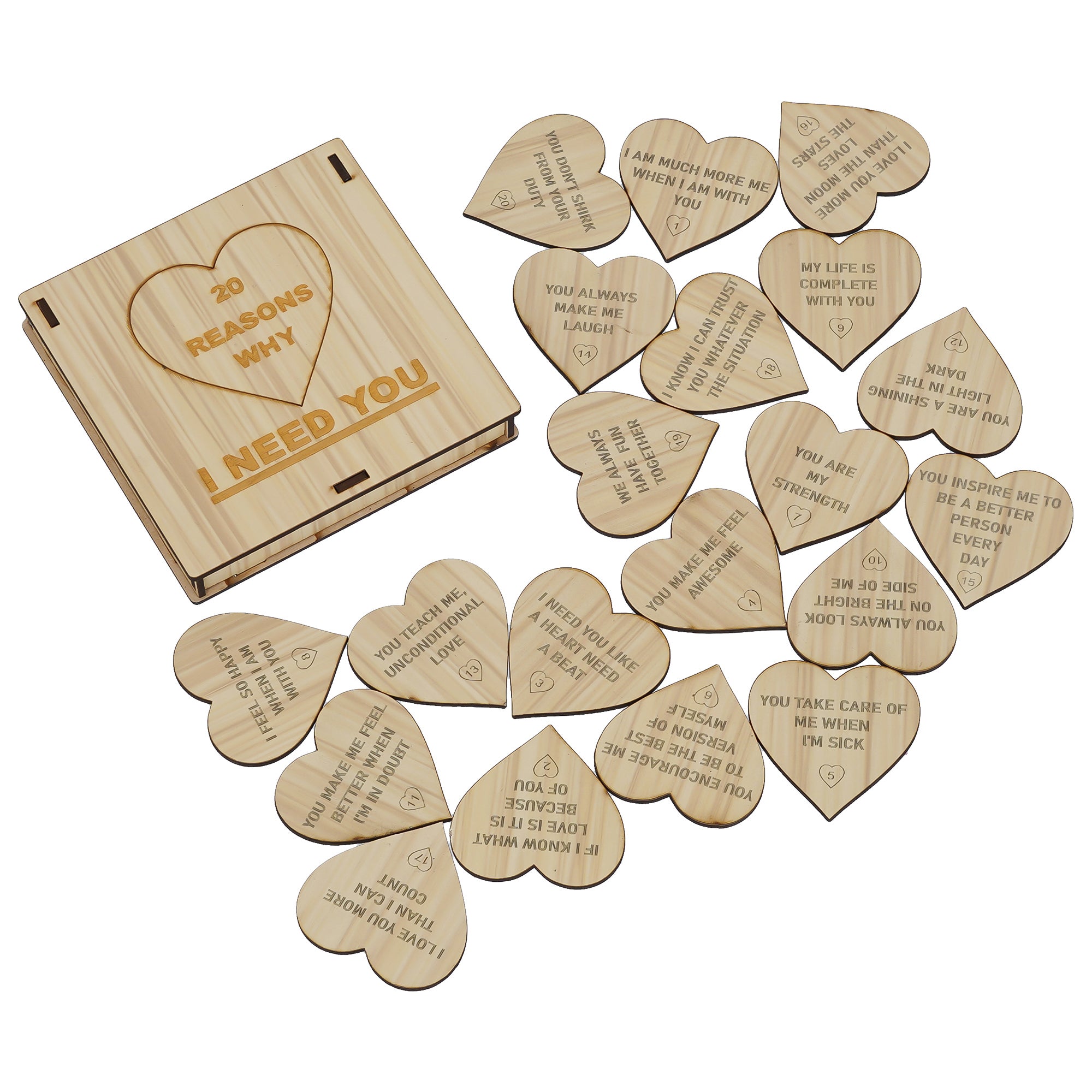 "20 Reasons Why I Need You" Printed on Little Hearts Valentine Brown Wooden Gift Set 6