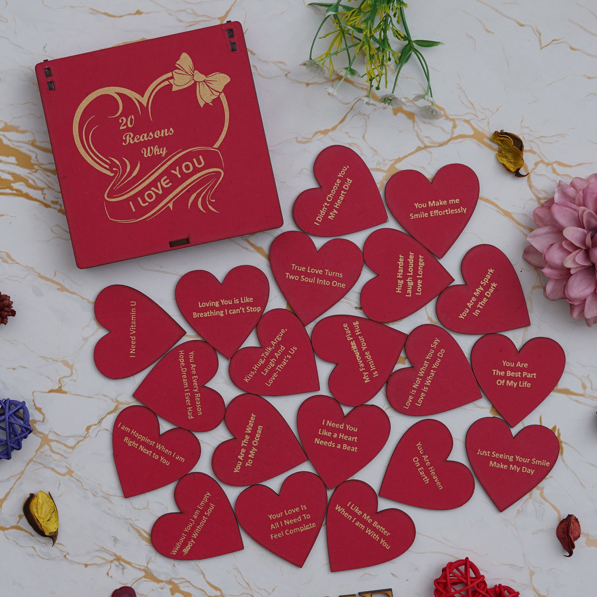 "20 Reasons Why I Love You" Printed on Little Red Hearts Decorative Valentine Wooden Gift Set Box 3