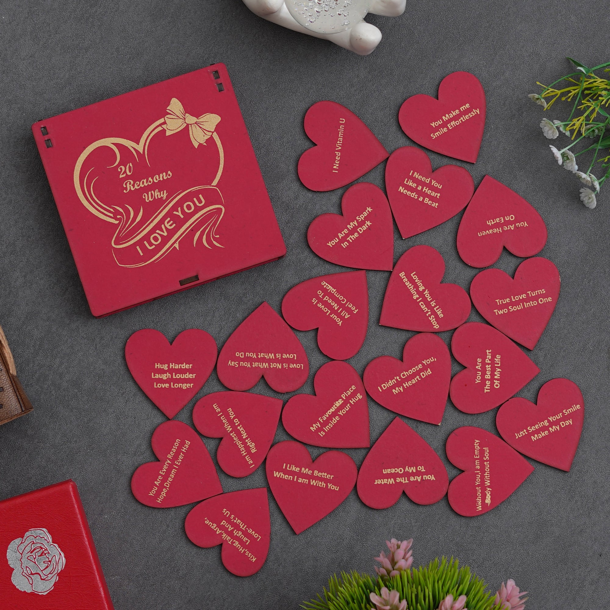 Valentine Combo of Golden Rose Gift Set, "20 Reasons Why I Love You" Printed on Little Red Hearts Decorative Wooden Gift Set Box 3