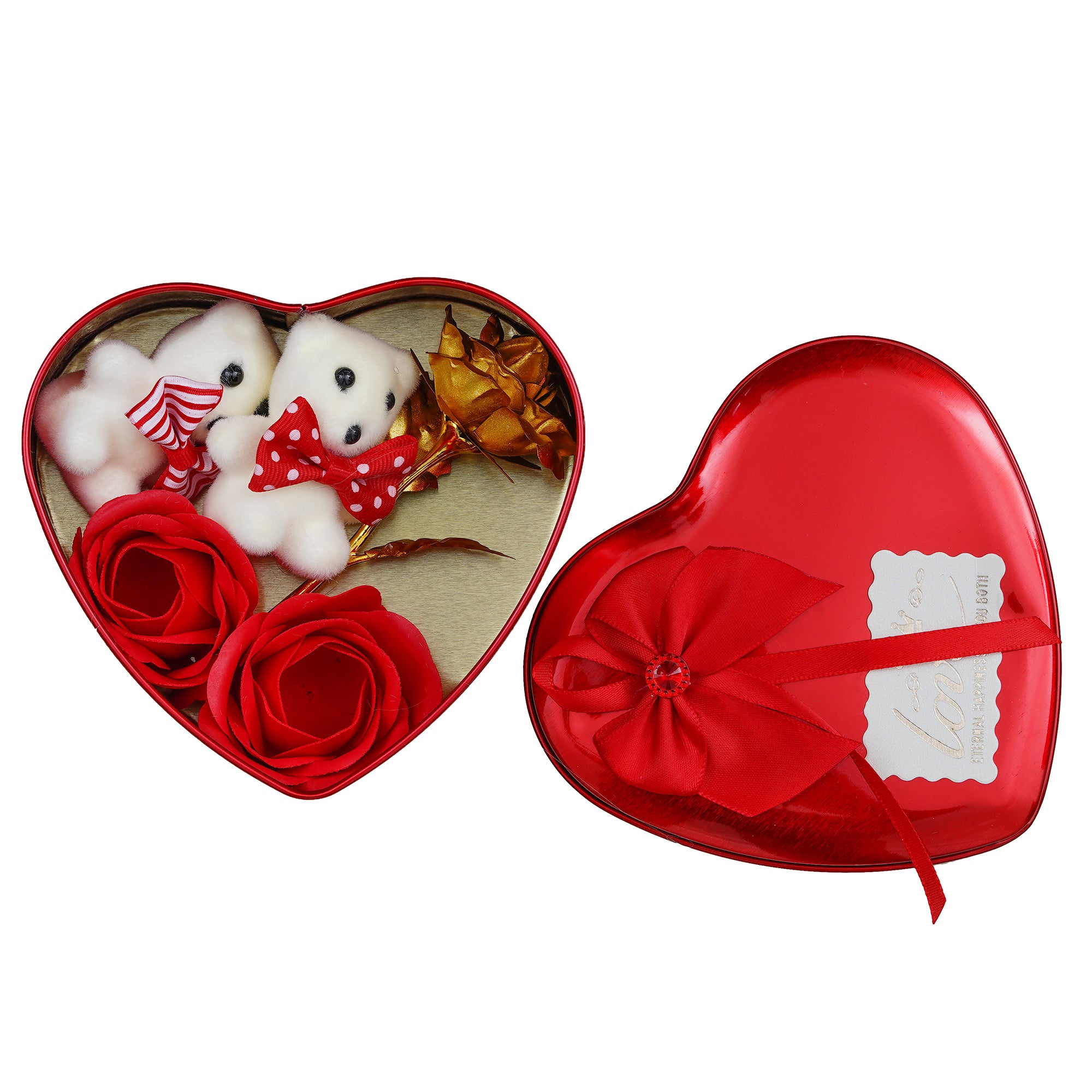 Red Heart Shaped Gift Box with 1 Golden Rose, 3 Red Roses, 1 Teddy Bear and a Card 2