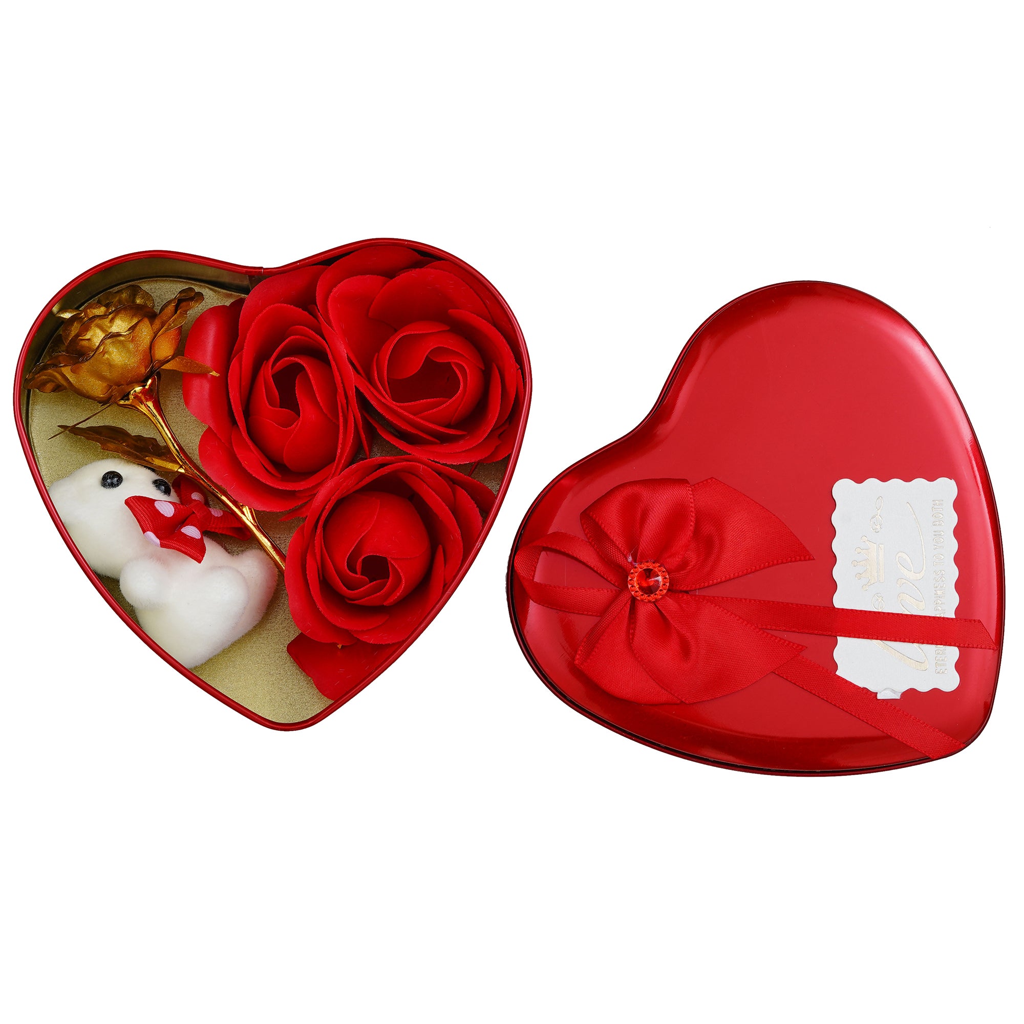Red Heart Shaped Gift Box with 1 Golden Rose, 3 Red Roses, 2 Teddy Bear and a Card 2