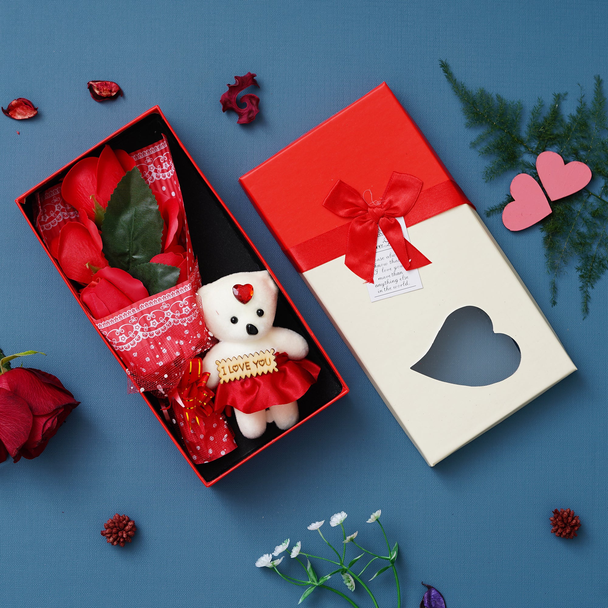 Valentine Combo of Pack of 8 Love Gift Cards, Red Roses Bouquet and White, Red Teddy Bear Valentine's Rectangle Shaped Gift Box, Wooden Box "For You" Message Bottle Set 3